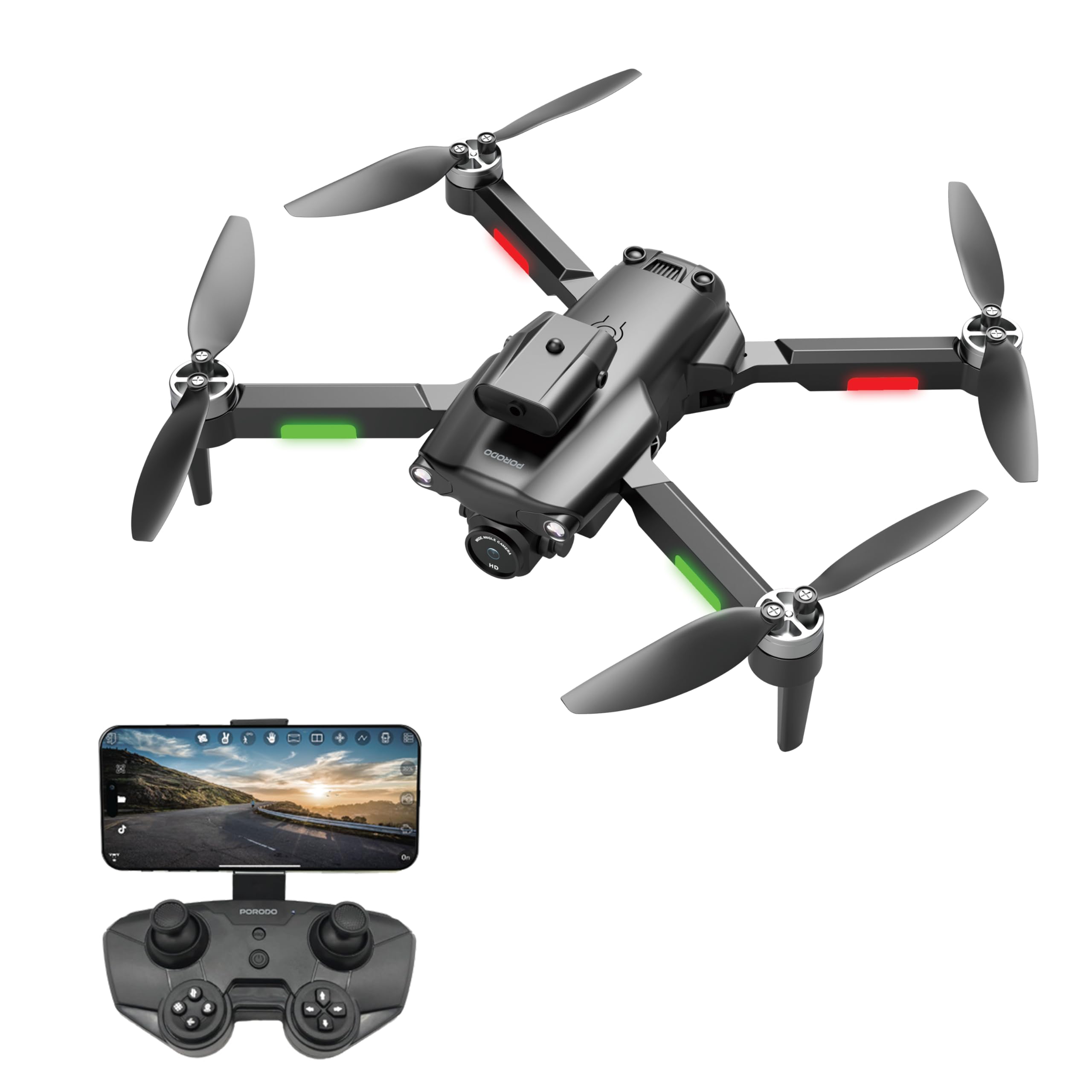Porodo R/C Folding Drone Brushless Motor & Infrared Obstacle Avoidance,50M Height,7KM/H Max Speed,Fast-Charge Tech, 6-Axis Gyro Stabilizer Video, 3D Flip, Gift Toy for Boys and Girls, App Connection