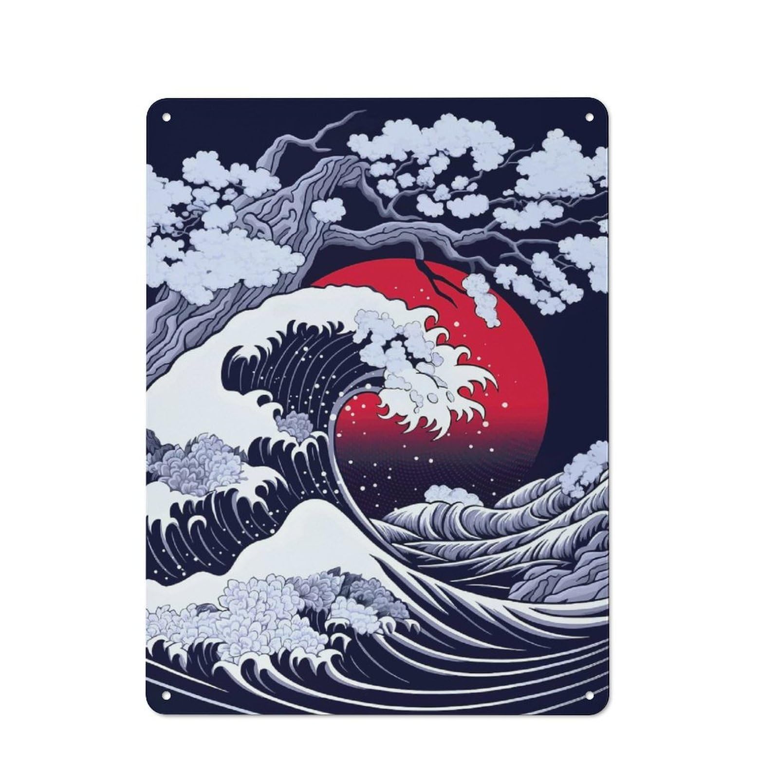 Junmoney Great Wave With Cherry Blossom Retro Metal Sign With Design 40X30cm, Nostalgic Vintage Wall Decor For Kitchen, Hallway, Bar Or Small Cafe