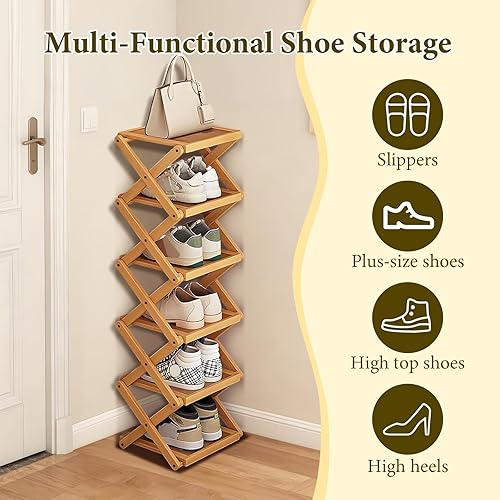 Miniatura 6 de YYW Zapatero plegable para zapatos, estante de pie para entrada, armario, pasillo, estante plegable en forma de X de varios niveles (color madera, 6