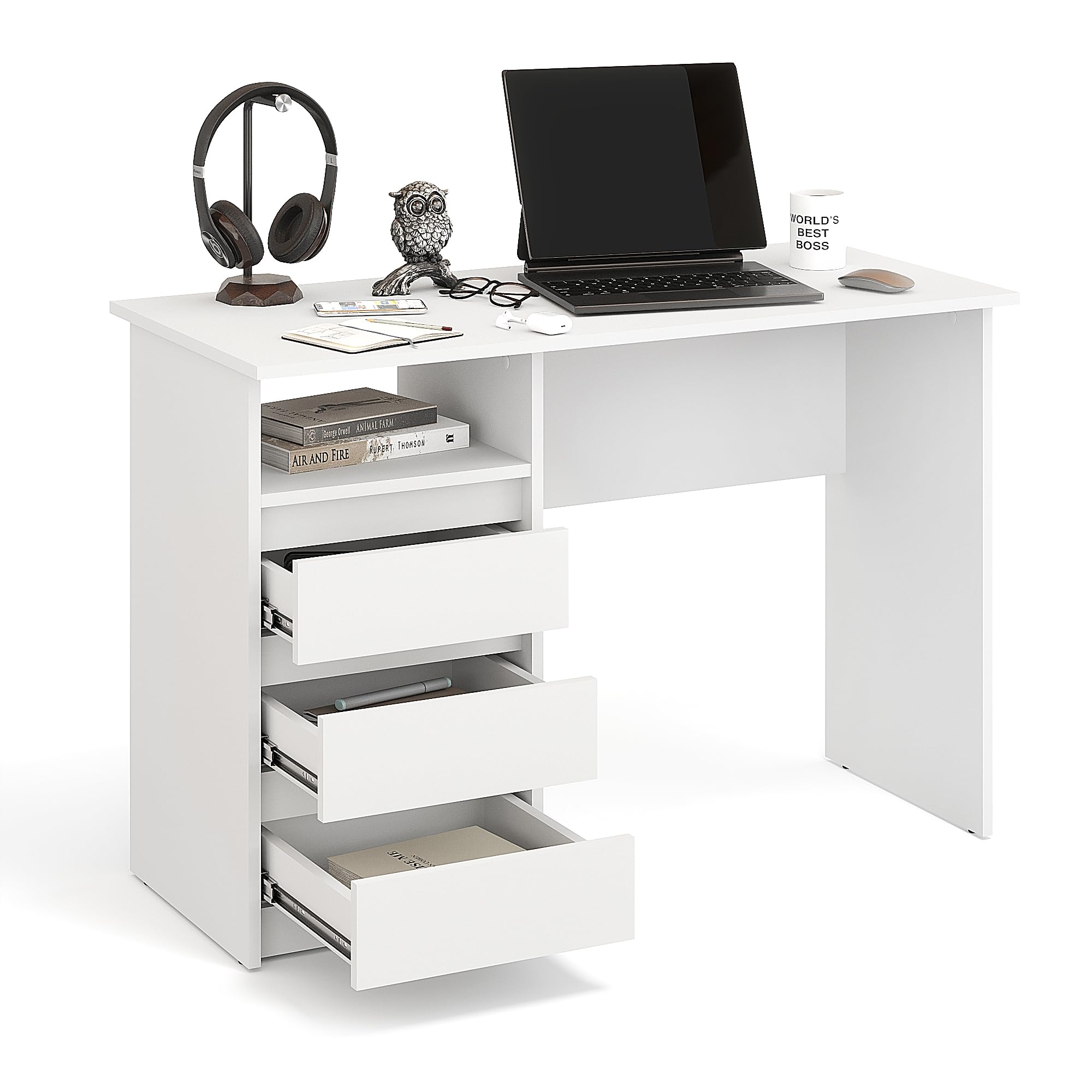 Komto Bureau avec Rangement – Modèle Blanc avec 3 Tiroirs, Idéal pour Chambre Ado ou Espace de Travail, Style Moderne | Oslo 110 x 50 x 74 cm