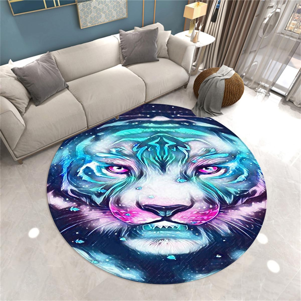 Tapis rond antidérapant tigre bleu 120cm protège-sol pour chaise