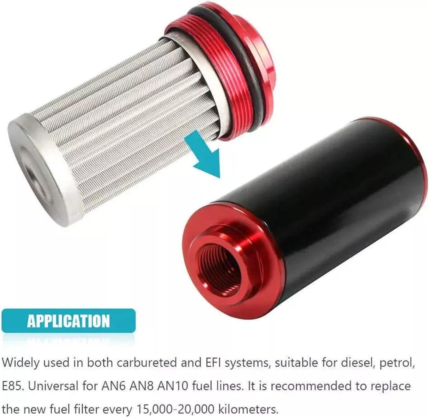 Inline Filter High Flow 100 Micron Reusable AN6 AN8 AN10 Adapter Black and Red