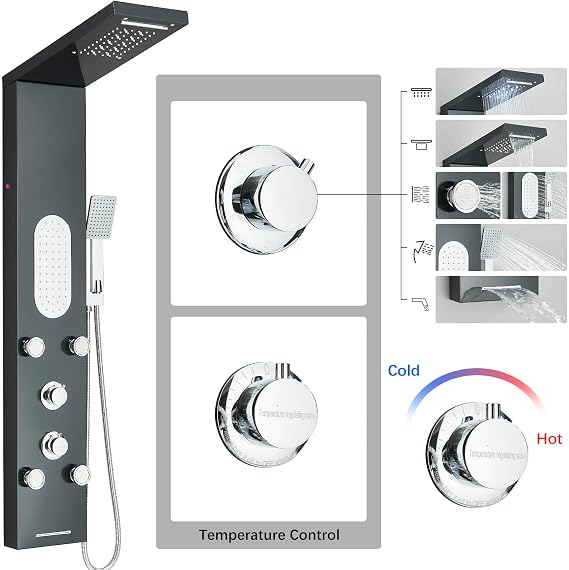 Luxury Shower Tower System with LED Shower Head, 5-Function Shower Column with Rainfall Waterfall Shower Head, 4 Body Jets, Handheld and Tub Spout,Body Waterfall Shower Panel Tower System Black-8125