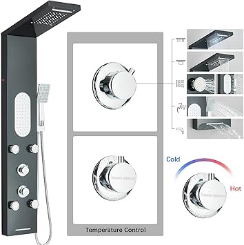 Luxury Shower Tower System with LED Shower Head, 5-Function Shower Column with Rainfall Waterfall Shower Head, 4 Body Jets, Handheld and Tub Spout,Body Waterfall Shower Panel Tower System Black-8125