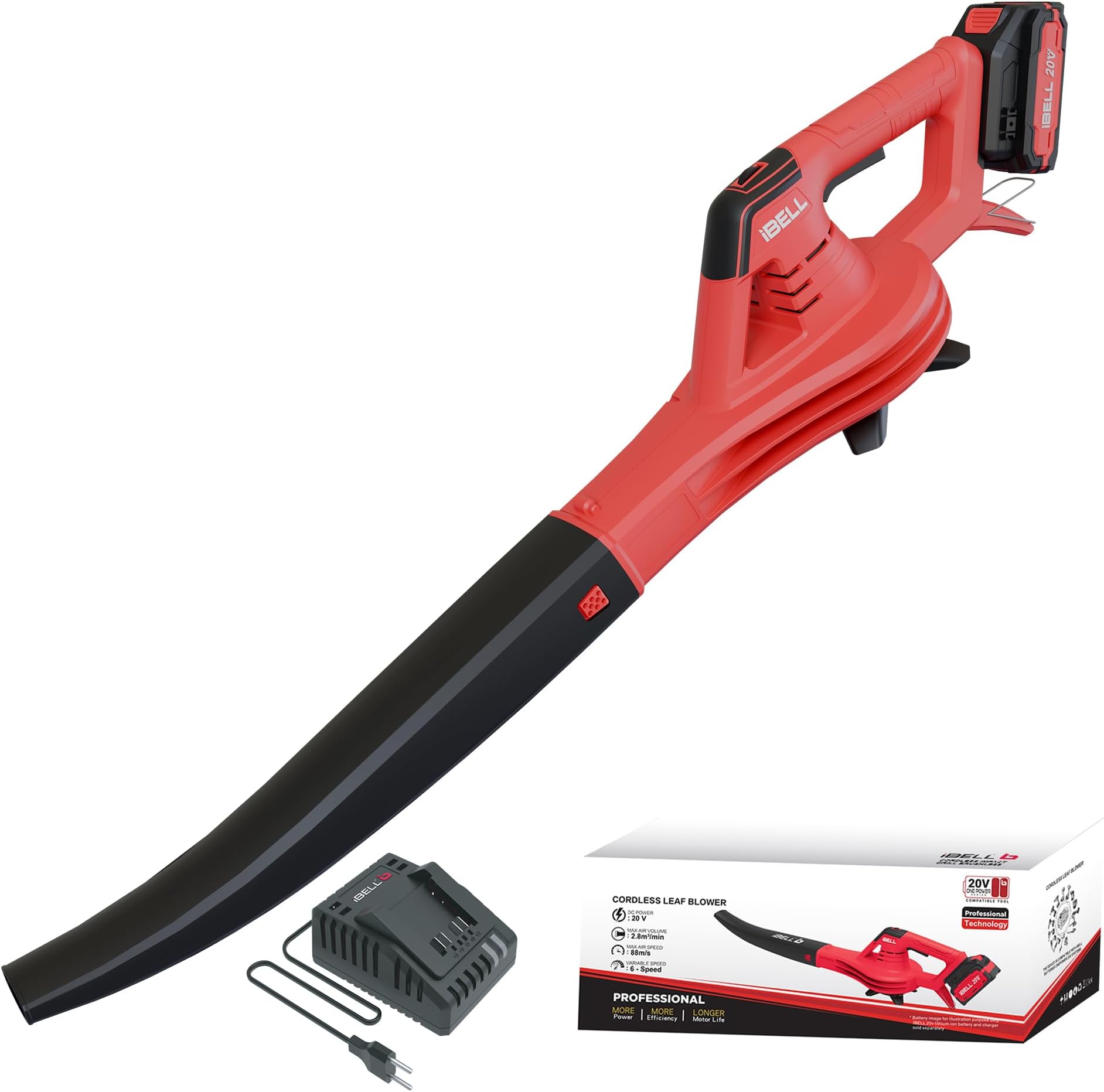 IBELL LB20-28 Cordless Leaf Blower | Heavy-Duty |20V One Power Series, 280W Motor, 2.0Ah Li-Ion Battery & Charger, 88 M/S Air Speed, 2.8 M³/Min Air Volume-6 Months Warranty, Red