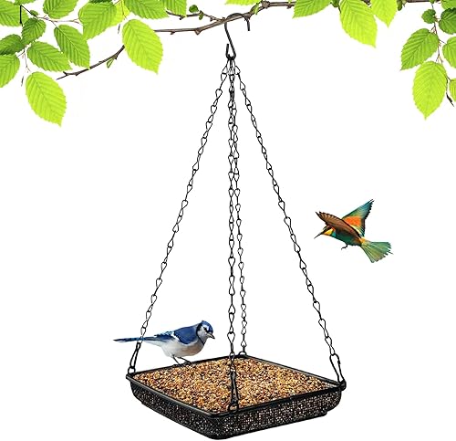 MIXXIDEA Bandeja colgante para pájaros con plataforma de malla metálica con cadenas duraderas para jardín al aire libre, ideal para atraer pájaros