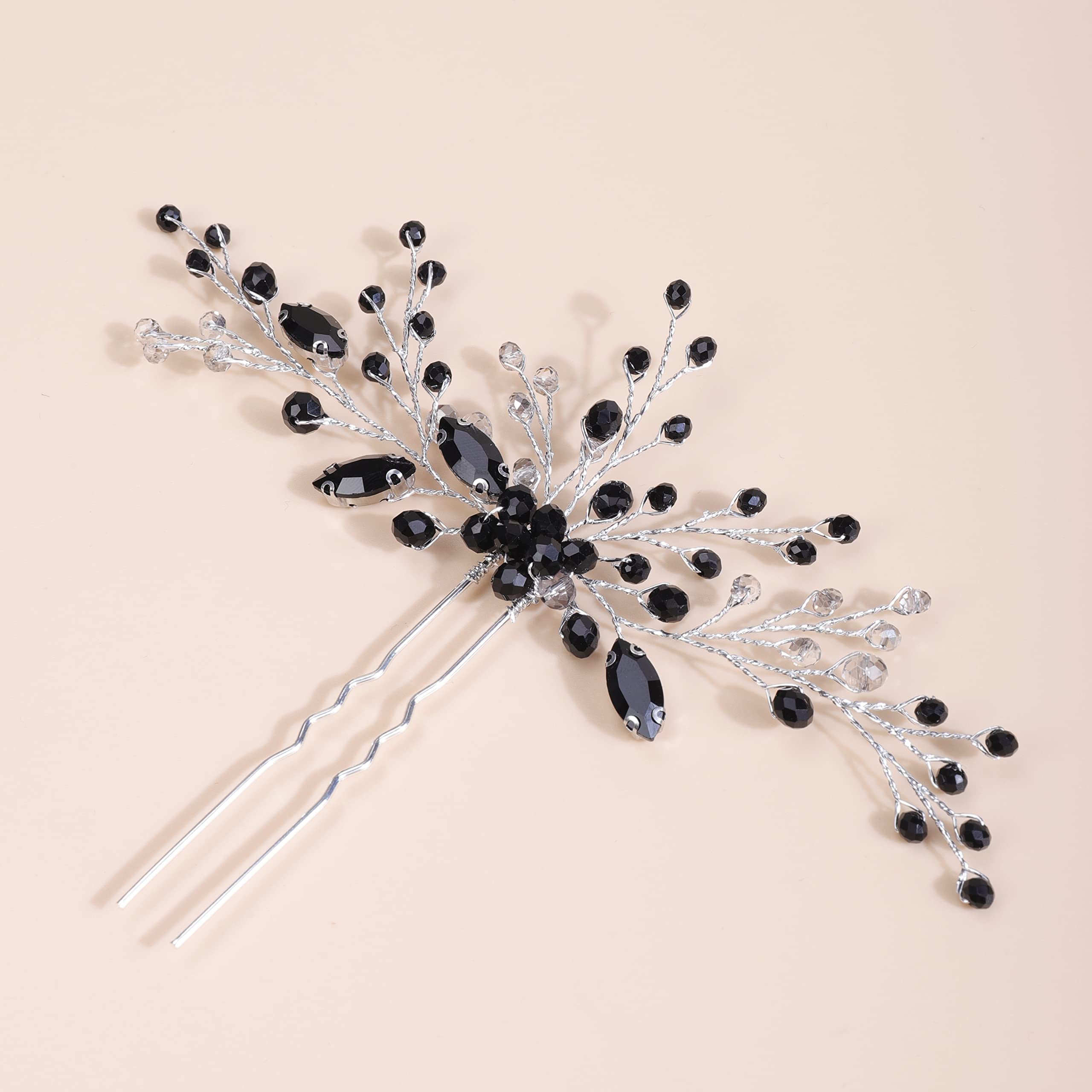 Kercisbeauty Black Crystal Hair Piece for Wedding Brides Silver Hair Pins Hair Styling Accessory for Women (Black) - Image 2
