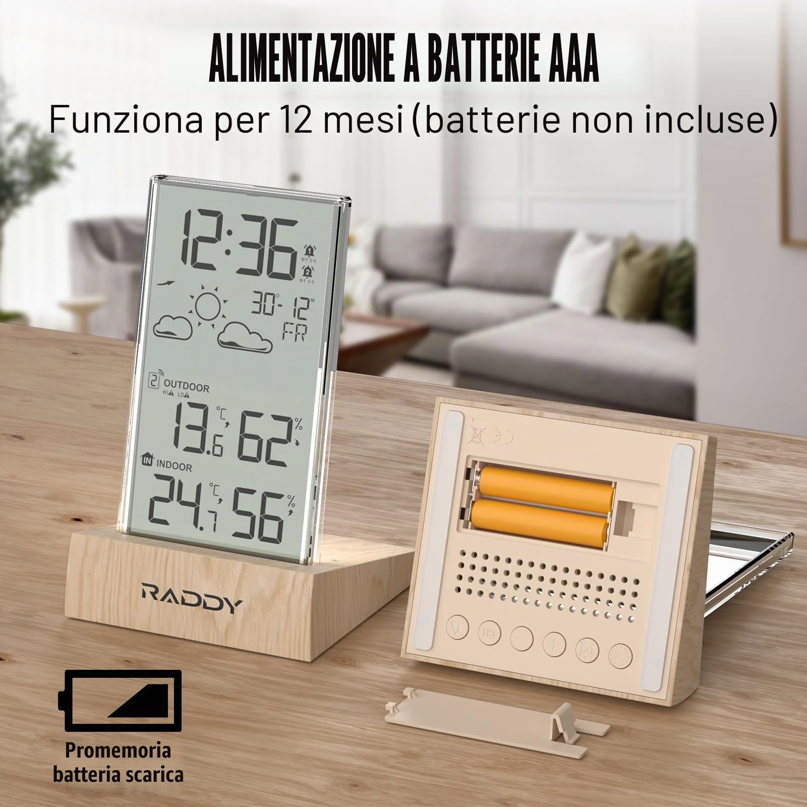Raddy V5 Stazione meteorologica wireless,Termometro & Igrometro interno/esterno, LCD 5" Temperatura & Umidità, Previsioni meteo & sensore remoto, Cornice in acrilico trasparente