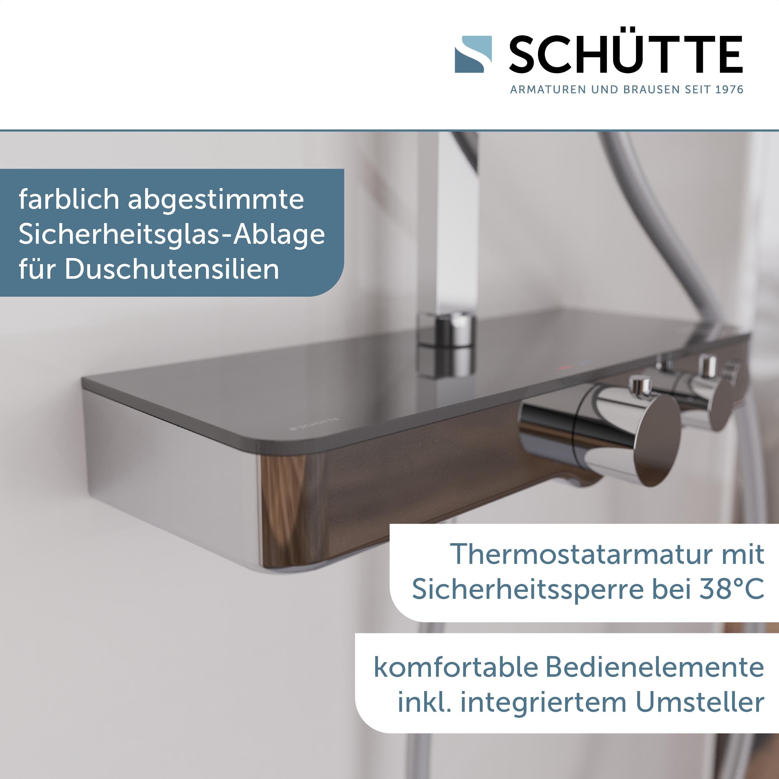 Schütte OCEAN Duschsystem mit Thermostat und Glasablage-Duschset mit 30x30cm, Regendusche mit Wandhalterung und Duschkopf-Duschpaneel Duschsäule in Chrom/Anthrazit 60531