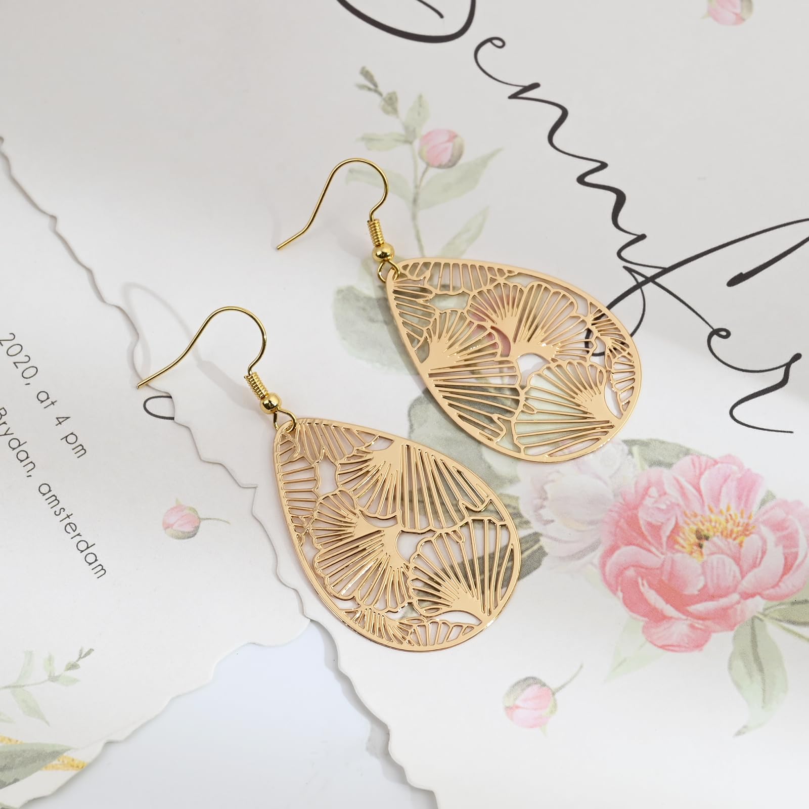 14K Gold vergoldet Blattgold Ohrringe für Frauen, Silber Ohrringe Hängend Damen mit Anhänger Tropfenform, Wassertropfen Schmuck für Geschenk