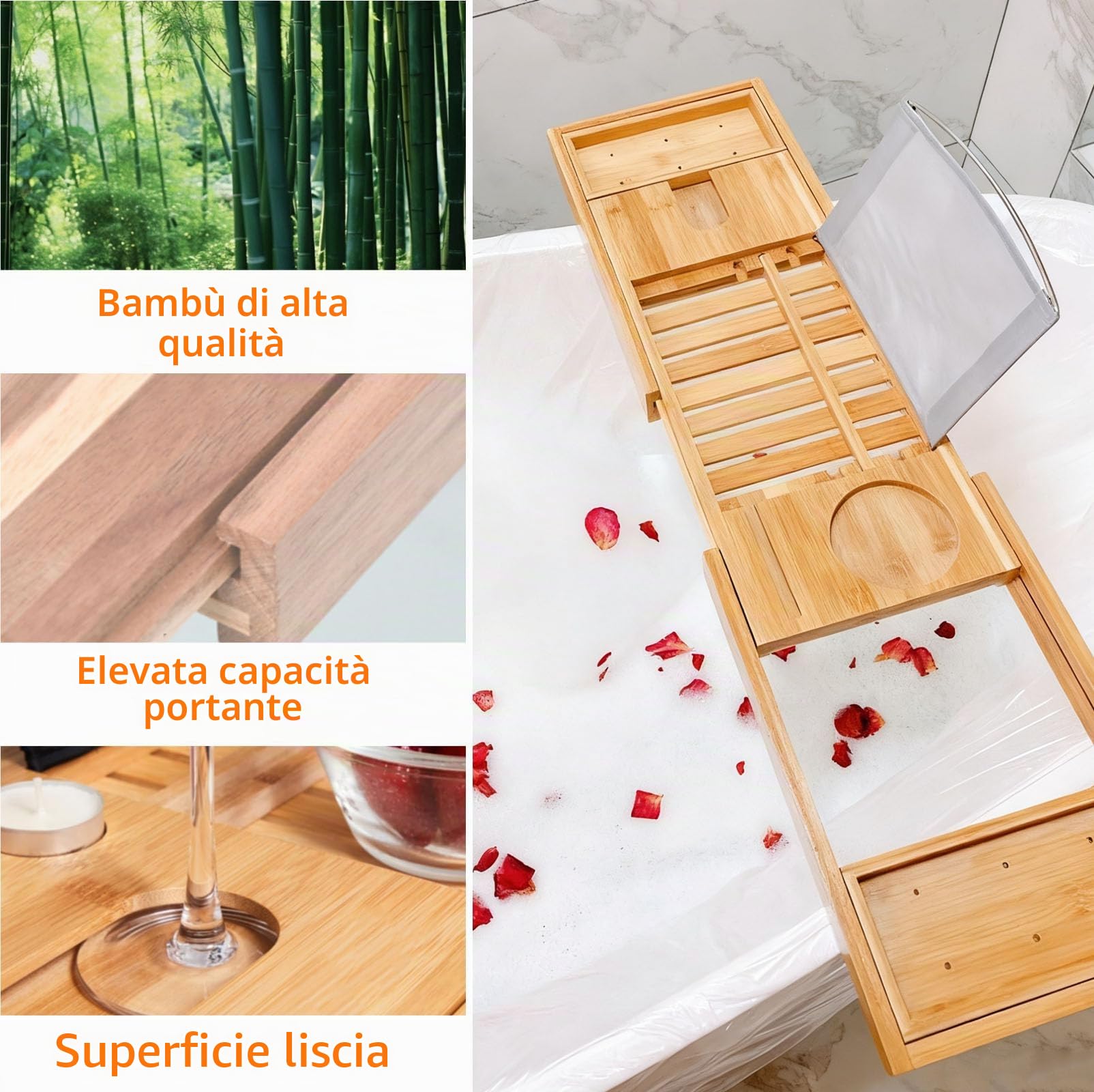 Vassoio Vasca da Bagno Bambù Estensibile con Supporto Libri, Vassoio Legno Portaoggetti Regolabile, Accessori Bagno Impermeabile Pieghevole Facile da Riporre per Nuova Casa, Regali Compleanno