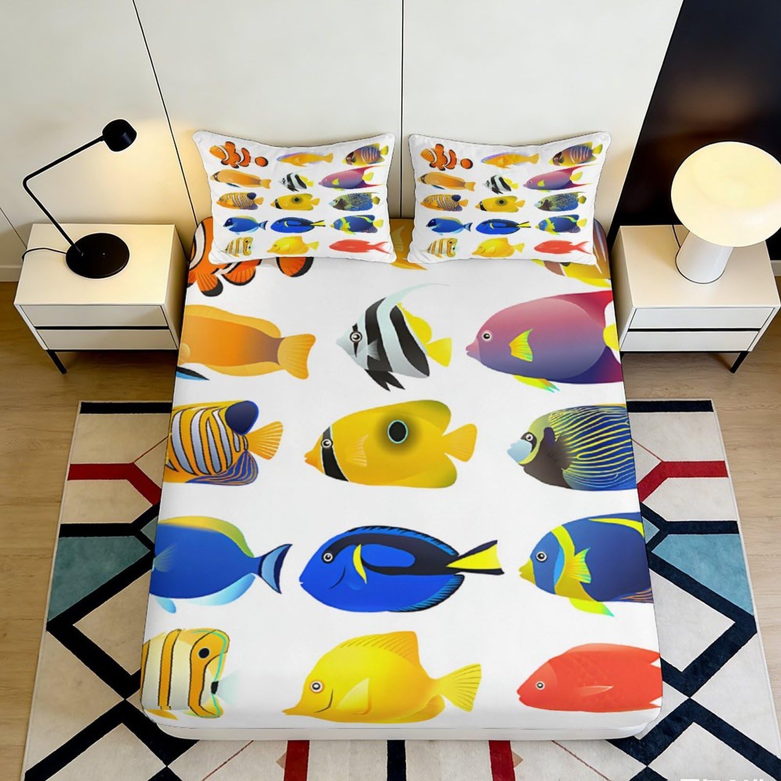 3D Printed Colorful Tropical Fish Fitted Sheet Microfiber Soft Decor Ocean Sea Bed Cover for Bedroom Guest Room Mattress Protection 160x200x25cm