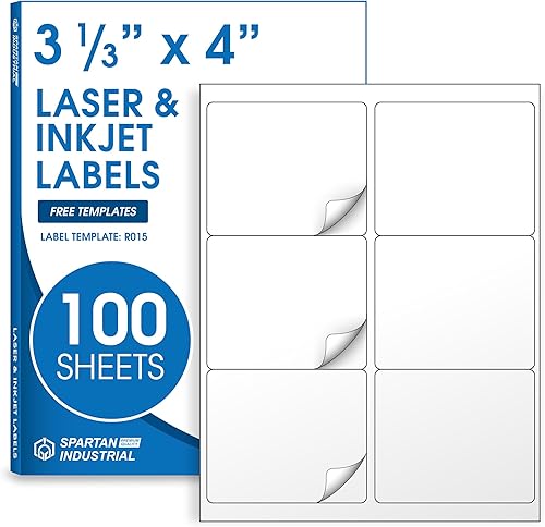 Spartan Industrial Etiquetas de inyección de tinta láser cuadradas imprimibles, 3-13 x 4 pulgadas, color blanco, 100 hojas, 6 etiquetas por hoja,