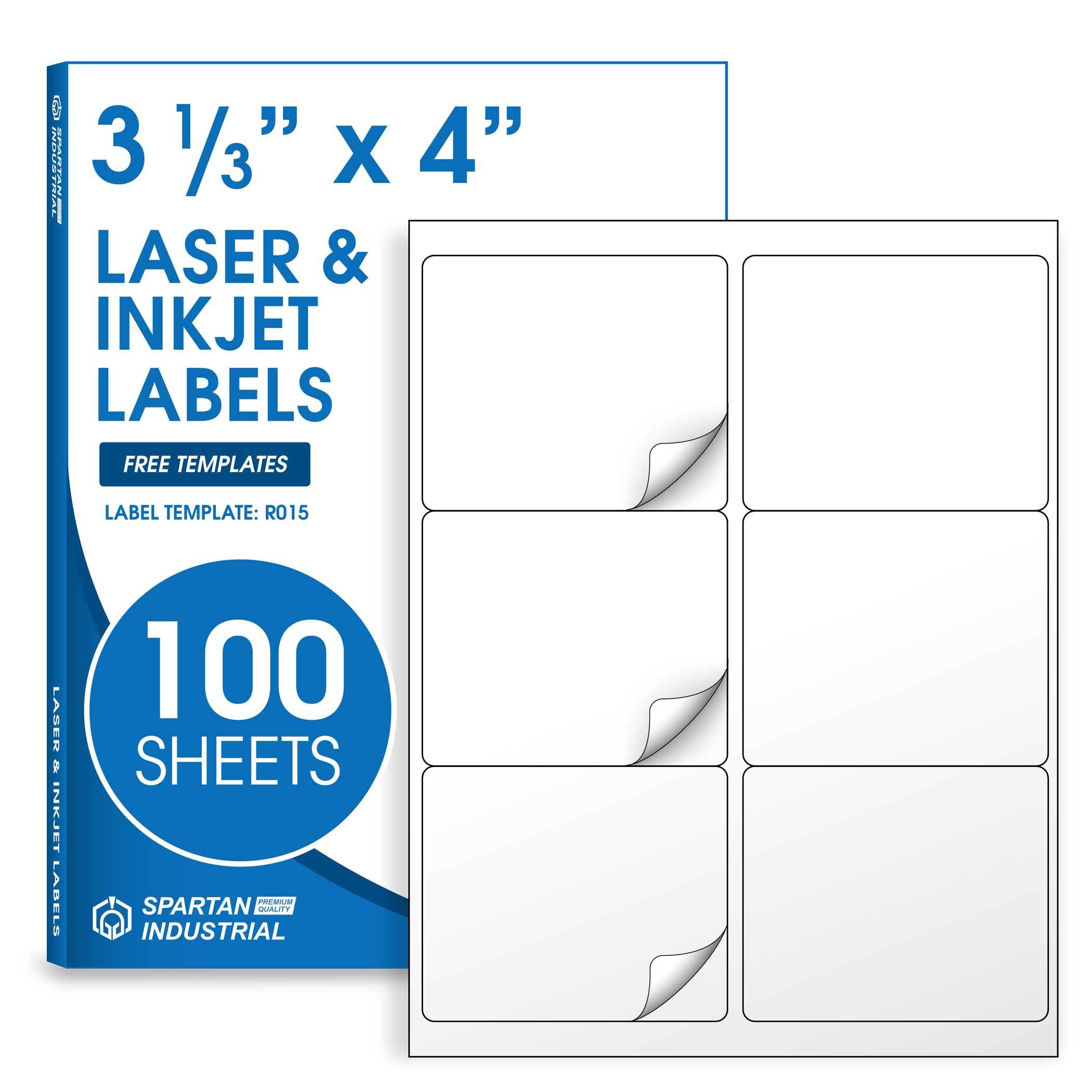 3 1/3" X 4" Matte White Printable Labels for Inkjet and Laser Printers - 100 Sheets, 600 Custom Stickers for Shipping Labels, Barcodes, Product Packaging - Spartan Industrial Template R015