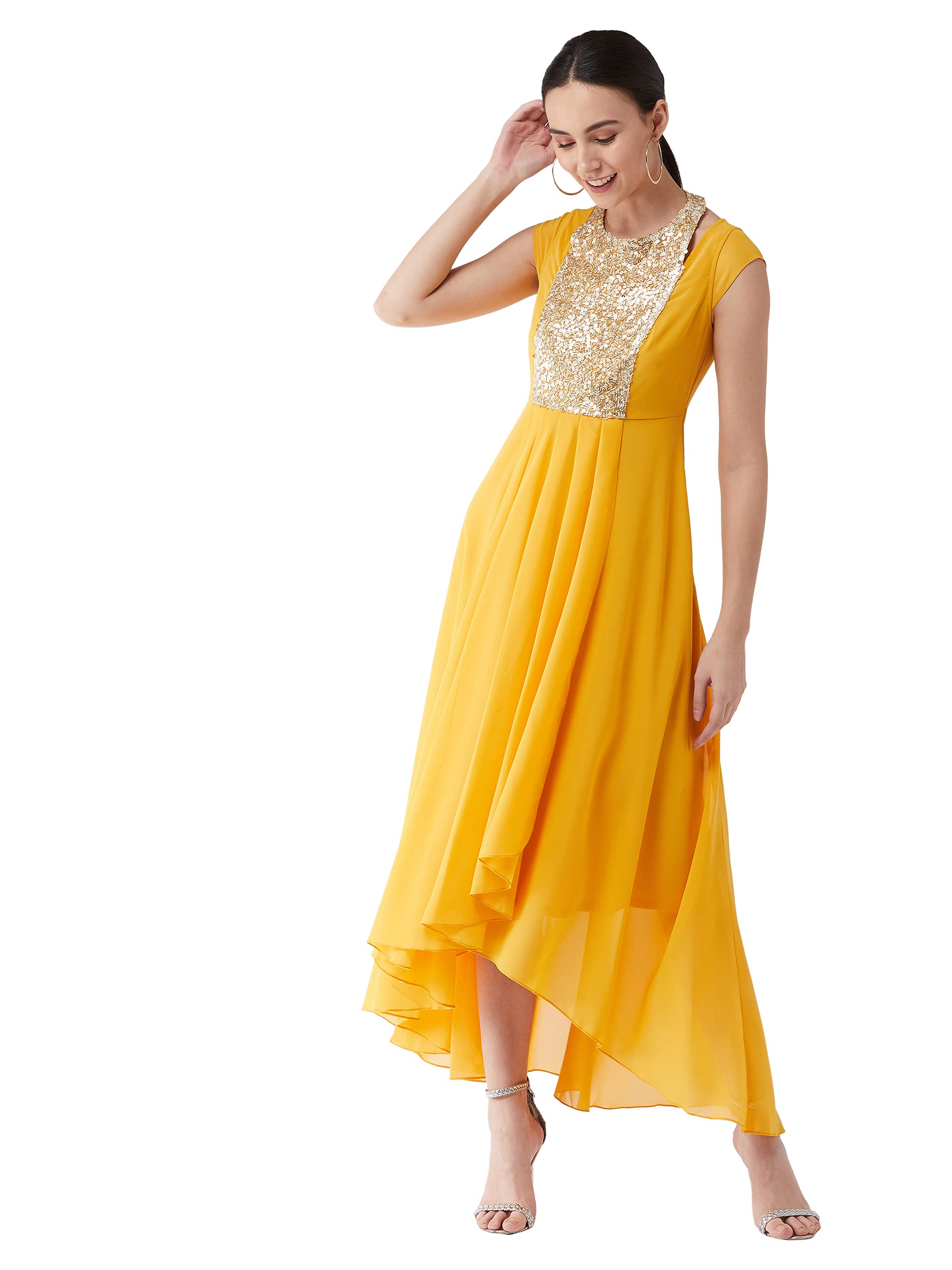 Miss Chase Women's Mustard Round Neck Cap Sleeve Solid Embellished Maxi Dress (Mcaw21D06-12-183-03,Mustard,S)