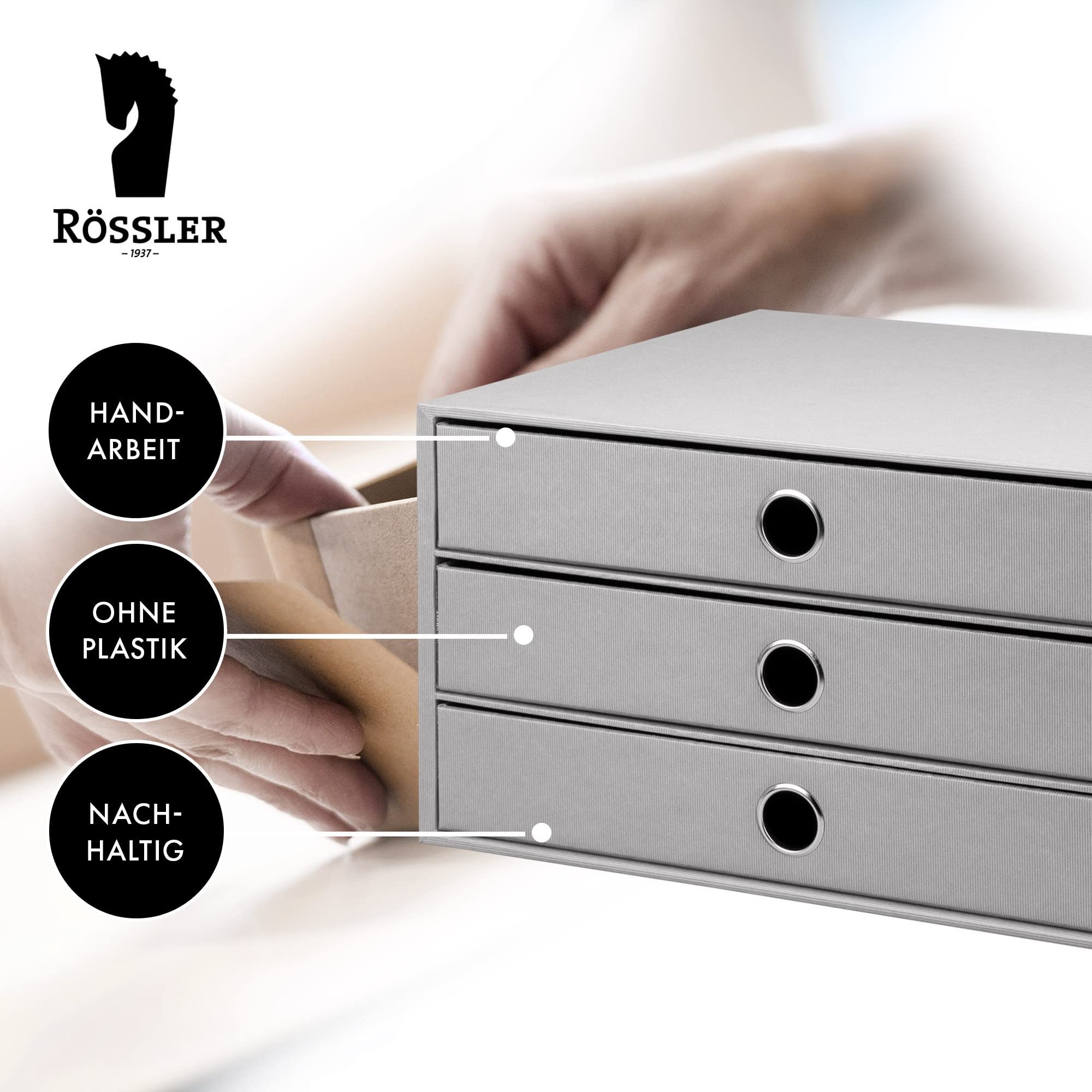 Rössler SOHO 3er Schubladenbox A4 aus Papier | Büro Organizer Schreibtisch| Schubladen Organizer Büro Zubehör & Bürobedarf | Schreibtisch Organizer Box | 34 x 25 x 19 cm | 1 Stück | Farbe: Stone | Schreibtisch Organizer für Dokumente, Unterlagen, Bürozube