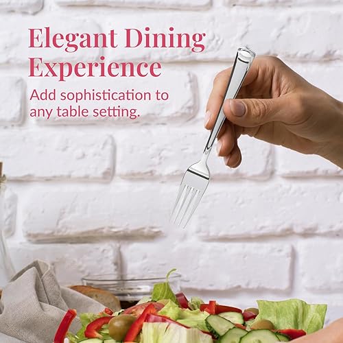 Vista 6 de Prestee Paquete de 100 tenedores de plástico plateado resistentes – Elegantes tenedores desechables – Juego de cubiertos plateados de plástico