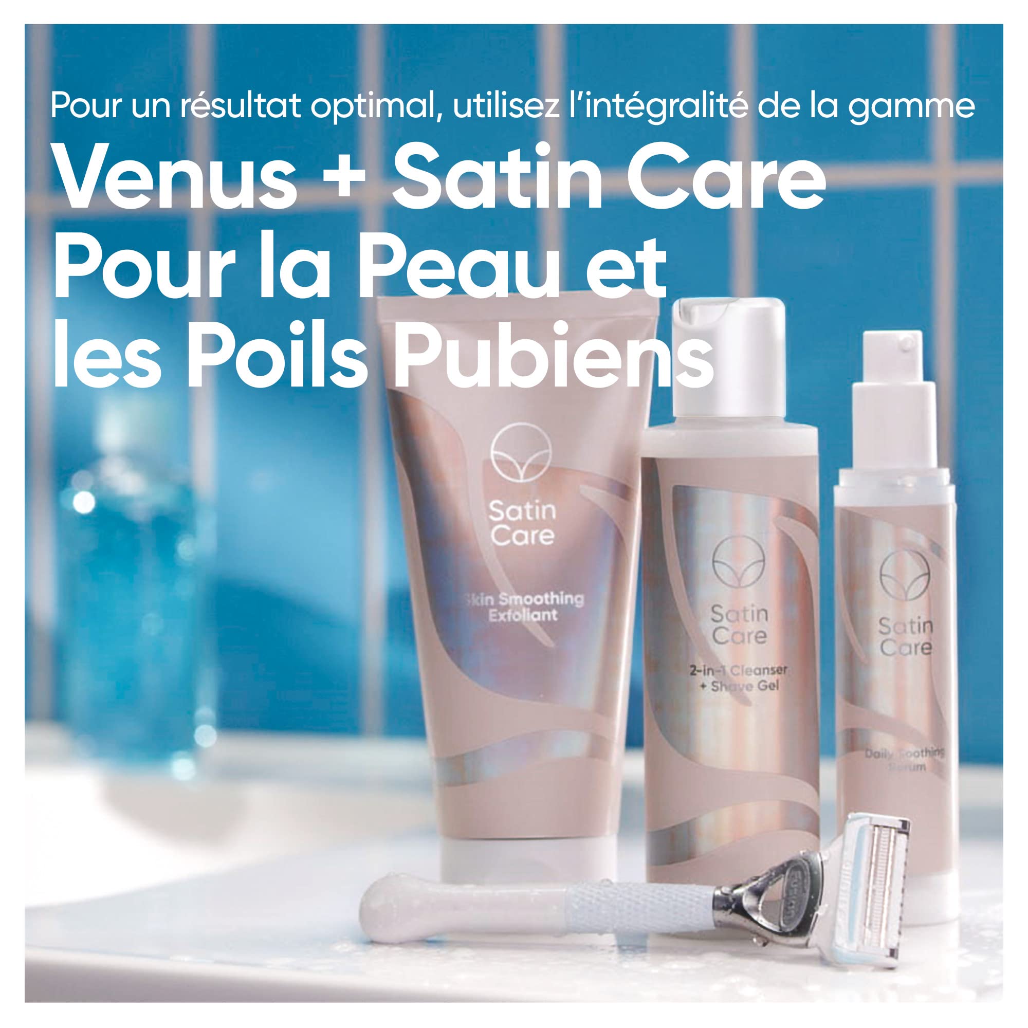 Satin Care Gel À Raser Zones Intimes, Lot 1 Manche Rasoir Femme + 2 Recharges, Exfoliant, Sérum Apaisant