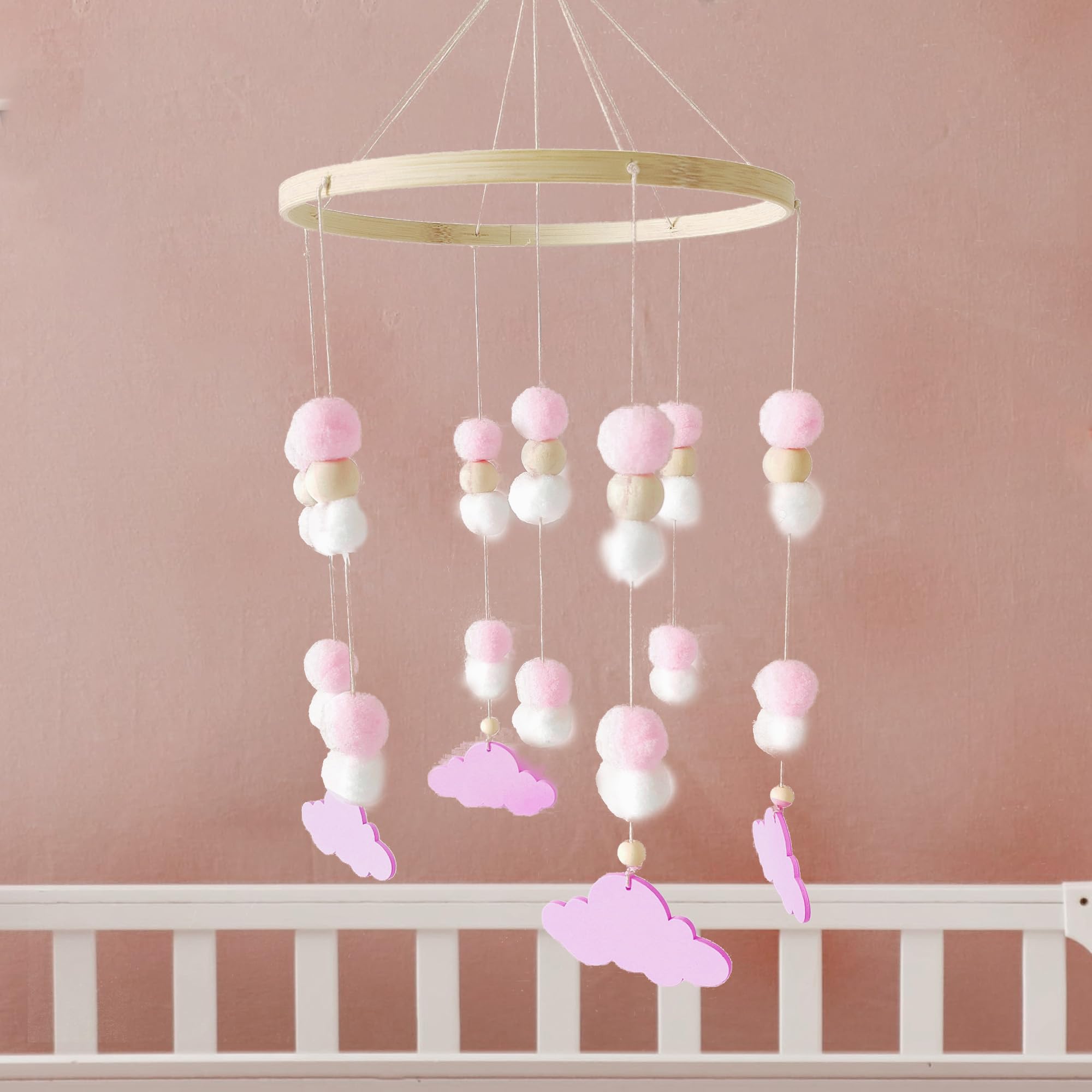 Baby Crib Mobile for Girls, Nursery Mobile for Bassinet, Cloud Pink Crib Decor, Hanging Mobile Accessories for Infant Bedroom Newborn Gift - Pink Cloud