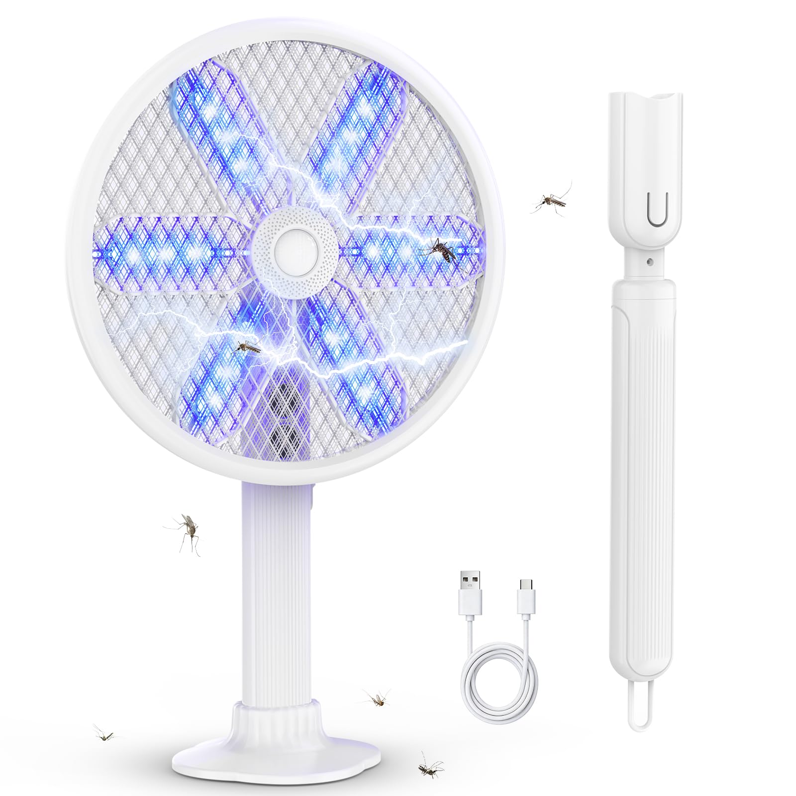 Electric Fly Swatter, 4000V Rotating Head Bug Zapper Racket with Telescopic Extension, 1800mAh USB Rechargeable Mosquito Killer with Stand Base & 3-Layer Safety Mesh, Indoor Outdoor Insect Fly Trap