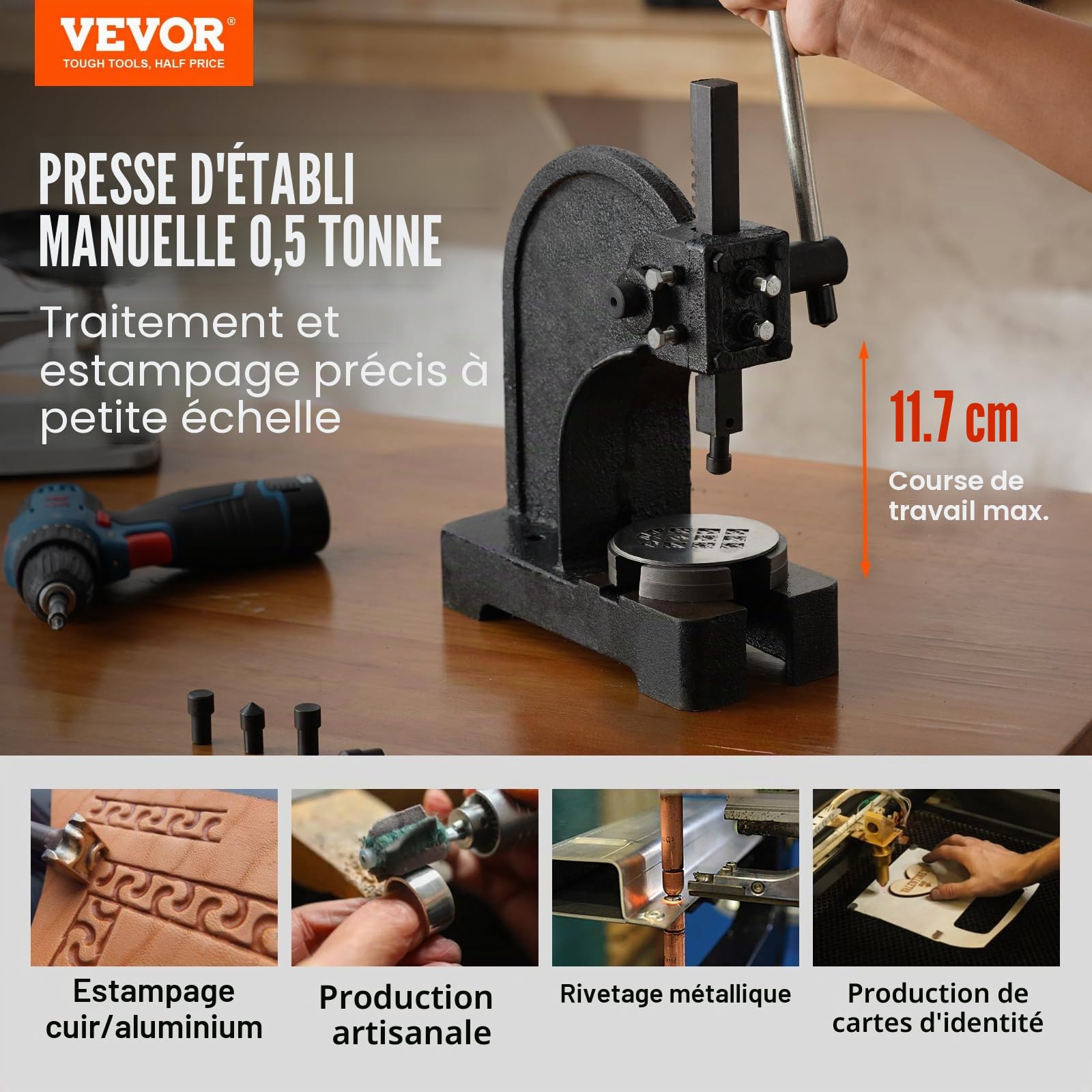 VEVOR Presse à Crémaillère, Presse à Arbre Manuelle de 0,5 Tonne, Hauteur Maximale de 117 mm, Presse Manuelle de Précision Robuste en Fonte, pour l'Estampage, Le Pliage, l'Étirement et Le Formage