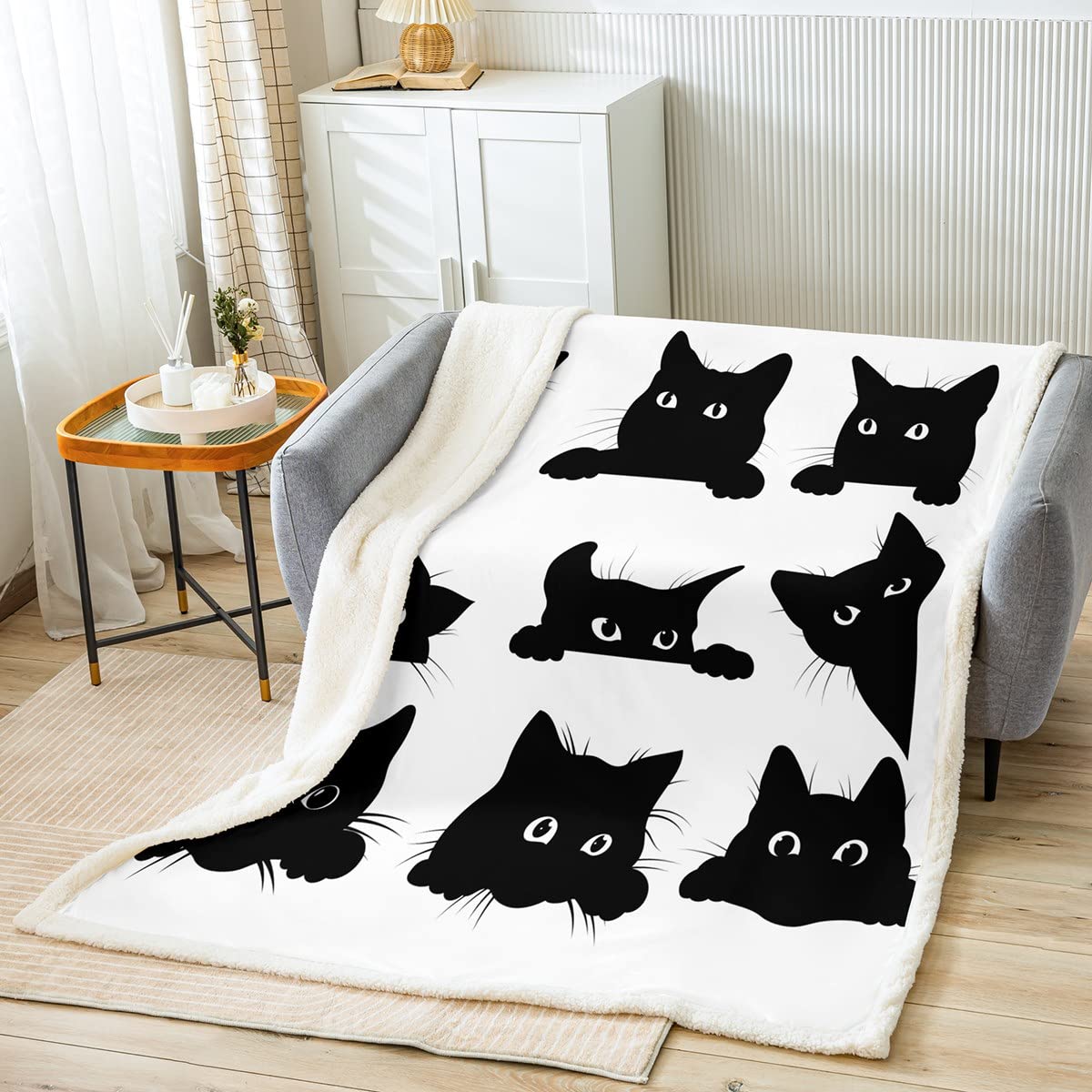 Tbrand Schwarzer Katzendruck Wohndecke für Kinder Mädchen Haustier Katzen Muster Flanell Fleecedecke Decke Süße Katzen Tier Thema Kuscheldecke 150x200cm für Couch Bett Sofa Decke Schwarz Weiß