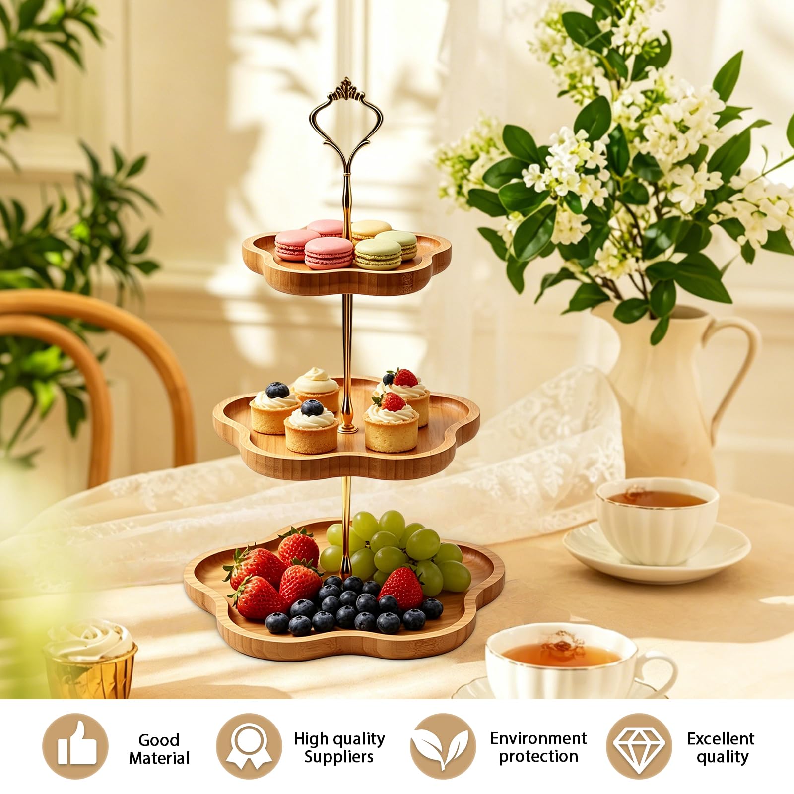 Soporte para tartas de 3 niveles, de madera, 19,5 cm de diámetro, 24,5 cm de diámetro, 30,5 cm de diámetro, 3 niveles y diseño de flores, para cupcakes, postres, fiestas, casa, cumpleaños