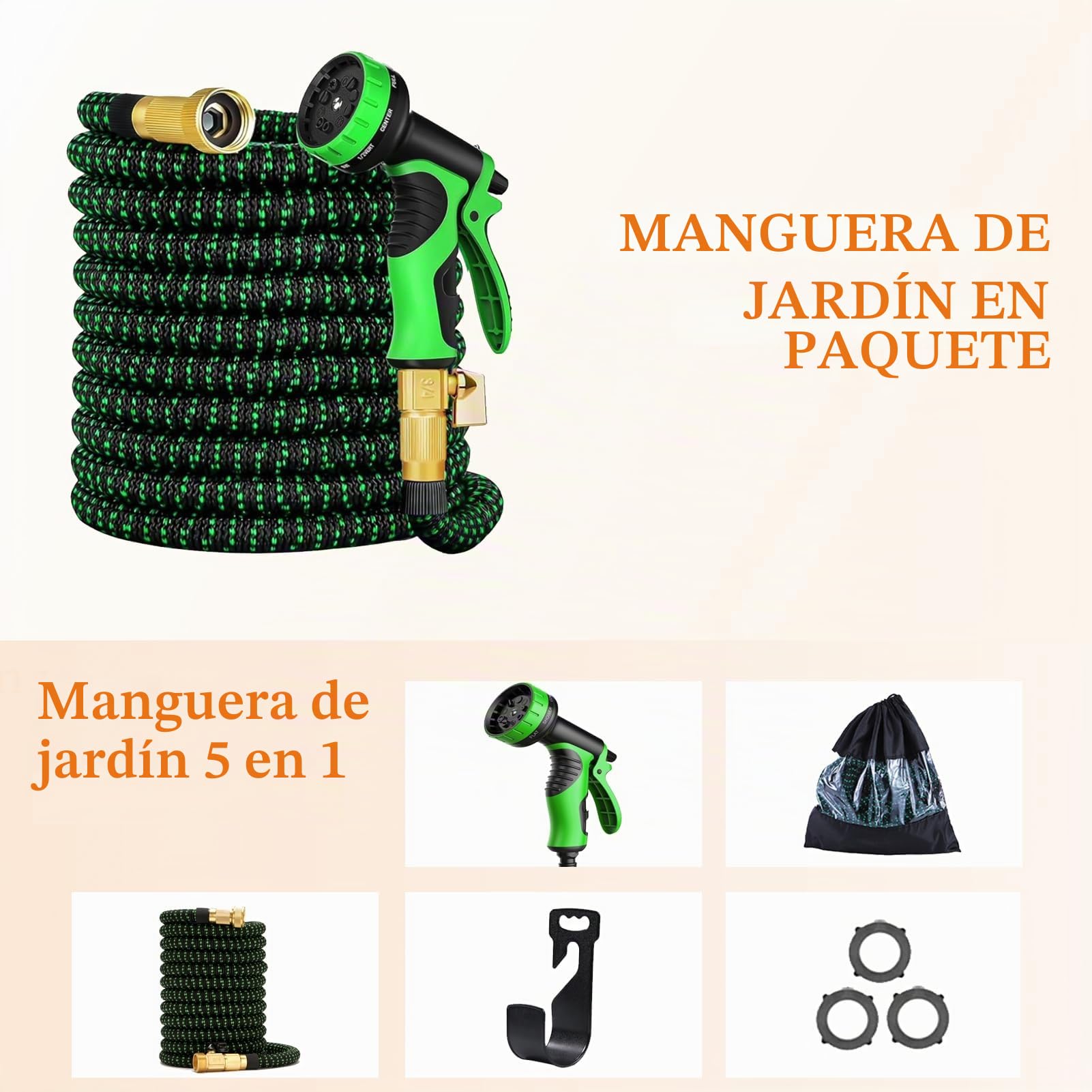 Manguera de Jardín Extensible 50m – Anti-Fugas con 10 Modos de Rociado, Tejido 3450D Reforzado y Conectores Metálicos – Ligera y Plegable para Terraza (100FT/30M,Green)