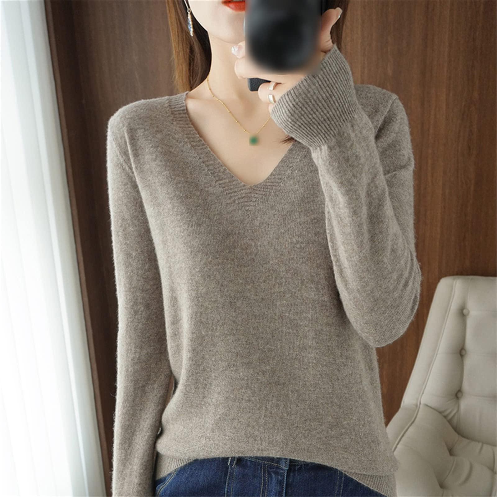Suéter de mujer para otoño e invierno, de cachemira, cuello en V, casual, suave, delgado, básico, suéter