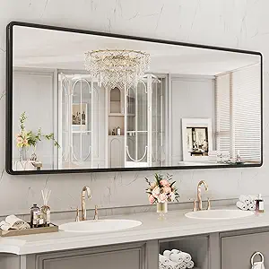 New Upgrade Bathroom Mirror, 72X32 Inch Black Metal Frame Wall Mounted Rounded Rectangle Bathroom Vanity Mirror with Tempered Glass for Washroom Bedroom Living Room