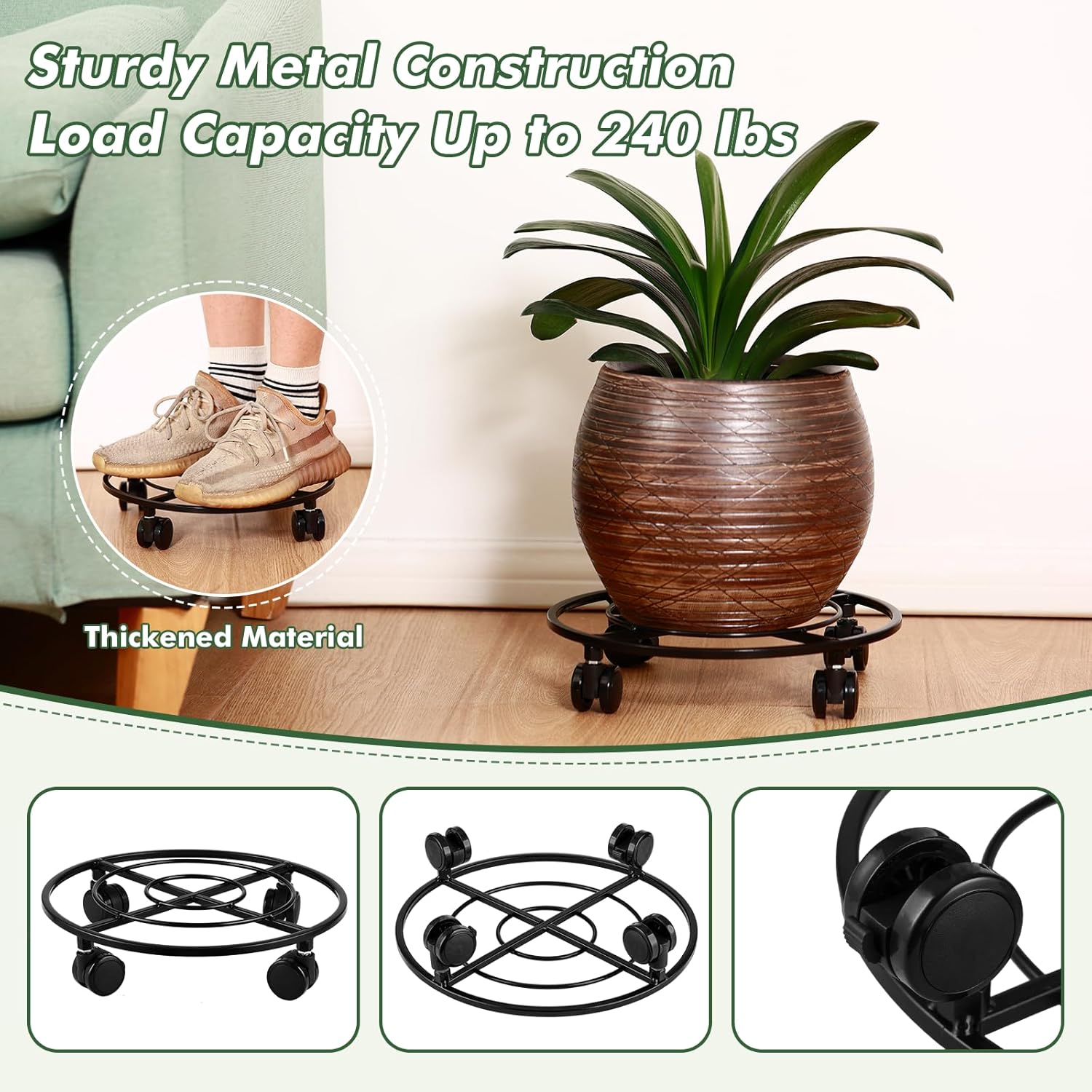 6 Packs Large Metal Plant Caddy 12" Heavy-duty Plant Dolly with PU Wheels Wrought Iron Rolling Plant Stand with Casters Indoor Outdoor Plant Pot Movers Planter Rollers Coaster Trolley, Black