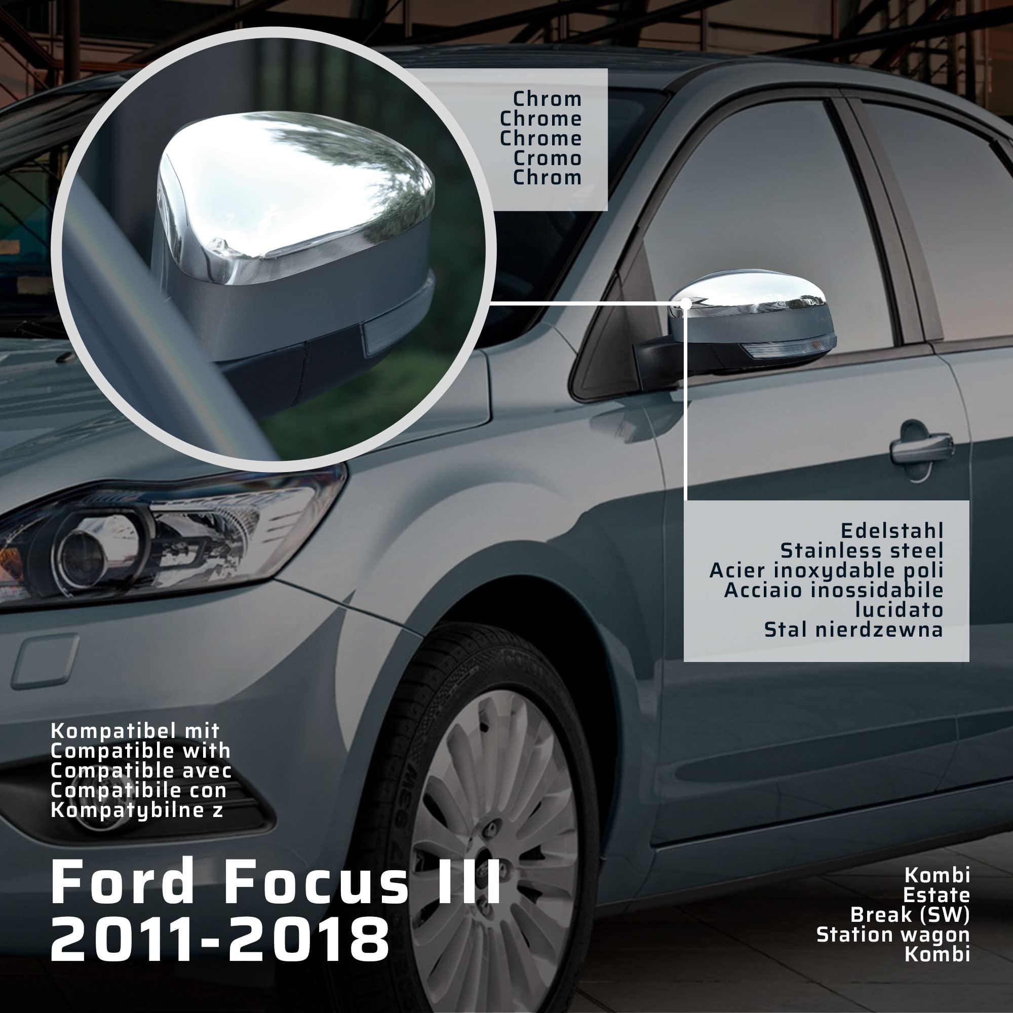CHROMEMASTER | Nakładki na Lusterka Zewnętrzne | Kompatybilne z Ford Focus III Kombi 2011-2018 | Stal nierdzewna; Osłony Lusterek to Niepowtarzalny Wygląd Auta i Ochrona Przed Uszkodzeniem