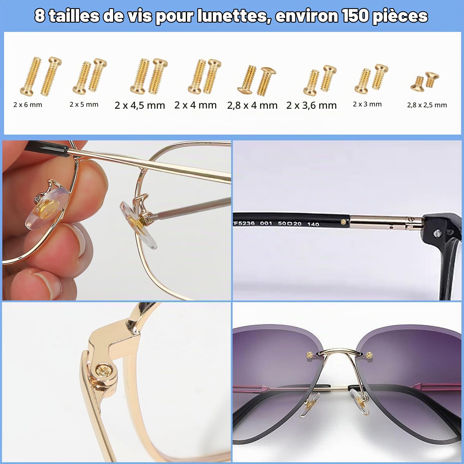 Kit d'outils de réparation de lunettes doré - Kit de réparation de lunettes de vue avec vis à lunettes, plaquettes de nez, petit tournevis, pince à épiler pour lunettes, lunettes de soleil, montre