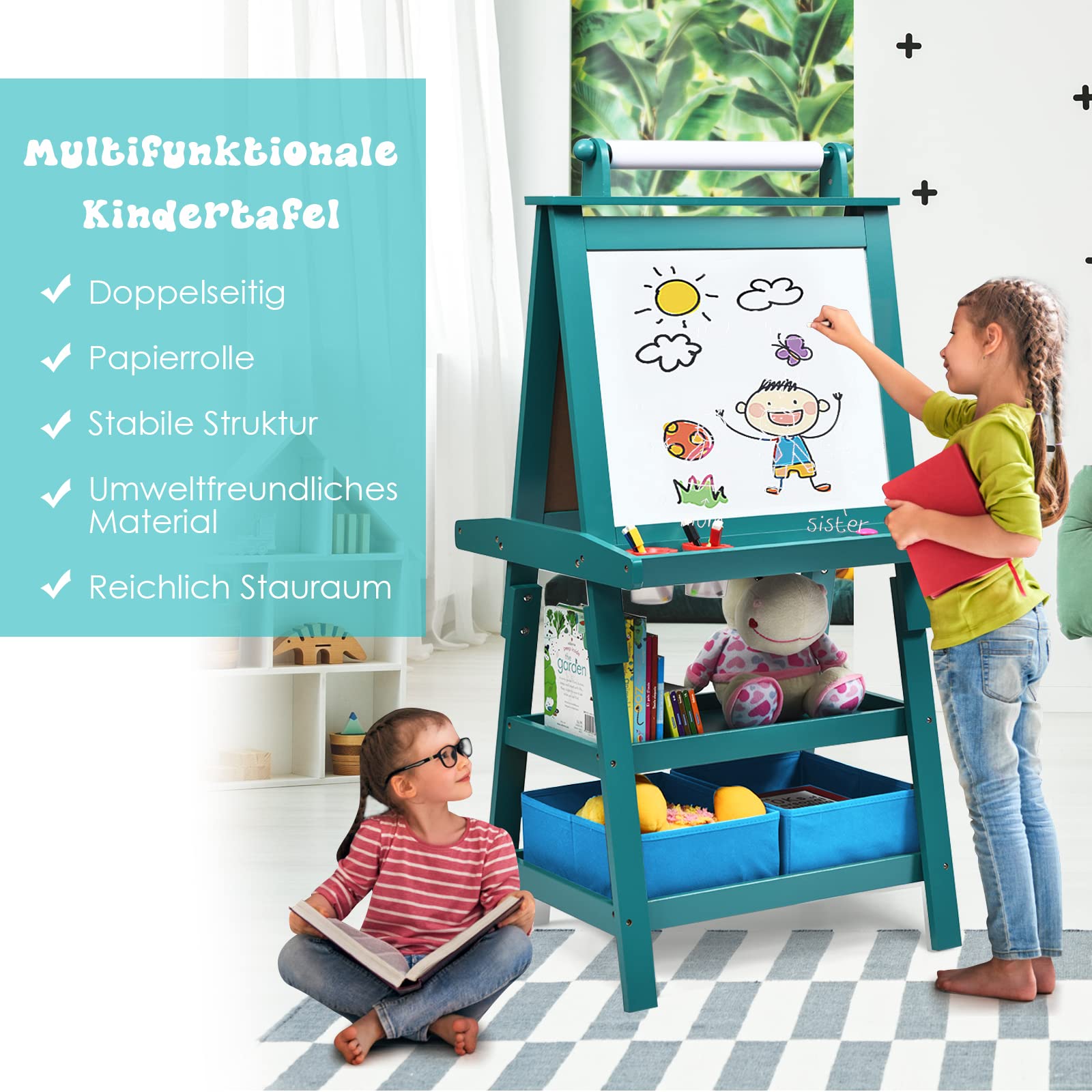 DREAMADE doppelseitige Kinder Staffelei aus Holz, Kinderstaffelei mit Ablage, Kindertafel mit Papierrolle Whiteboard und Kreidetafel, inkl. 2 Stoffboxen (Grün)