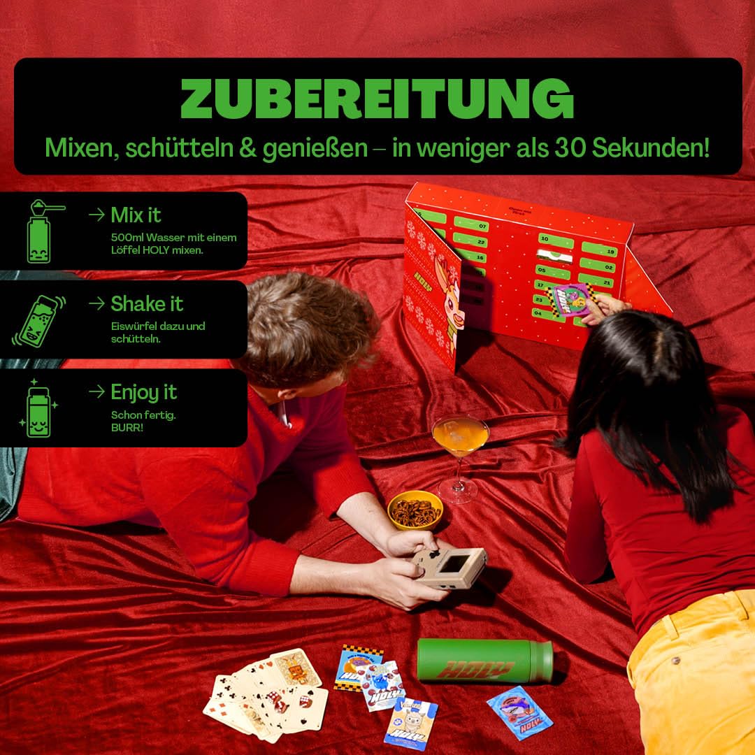 HOLY Adventskalender 2025 – Energy, Iced Tea, Hydration & Milkshake mit Shaker