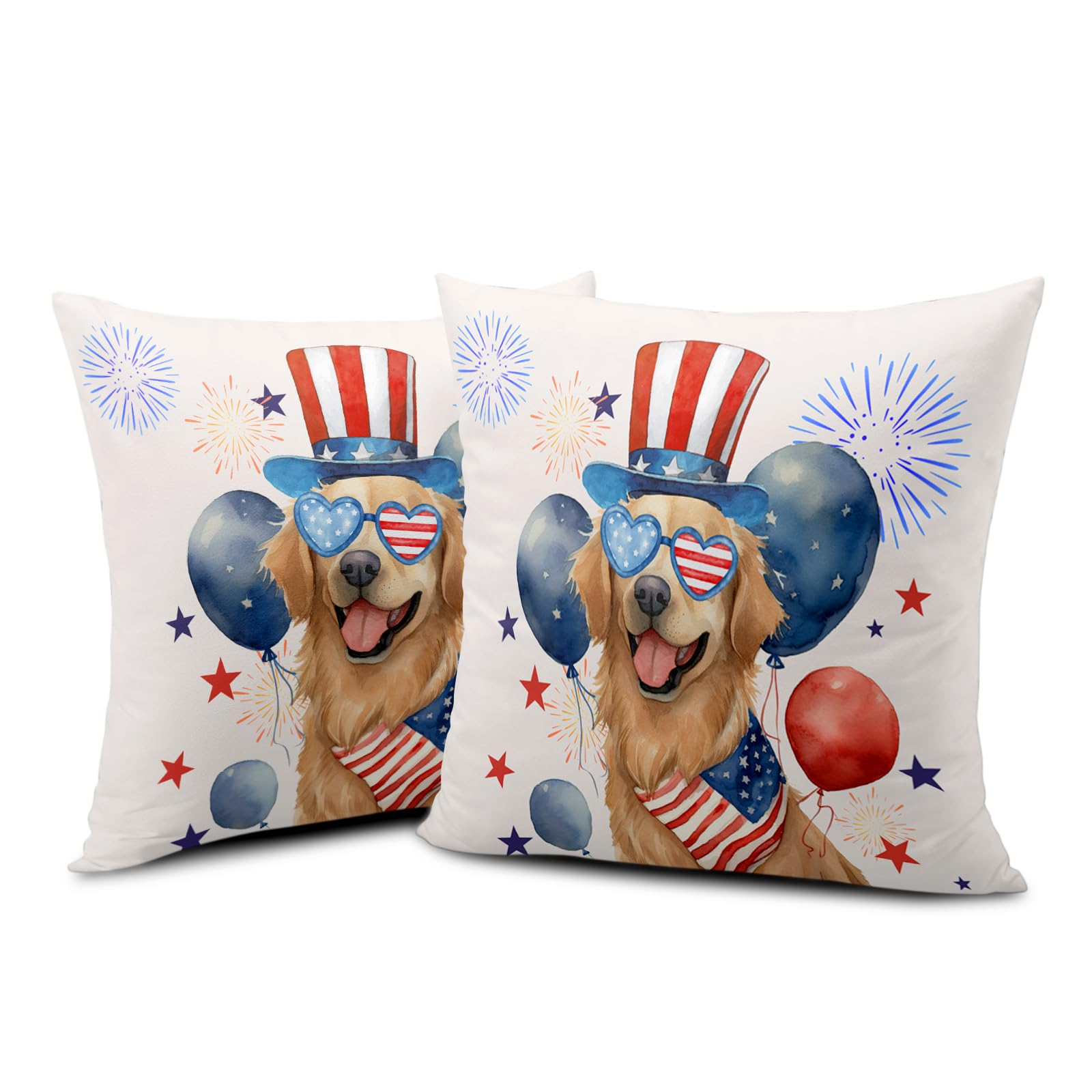 Wnoesat 4th of July Patriotic Dog Pillow Covers 18x18 Set of 2 Independence Memorial Day Stars Fireworks Outdoor Throw Pillows America USA Flag Pillow