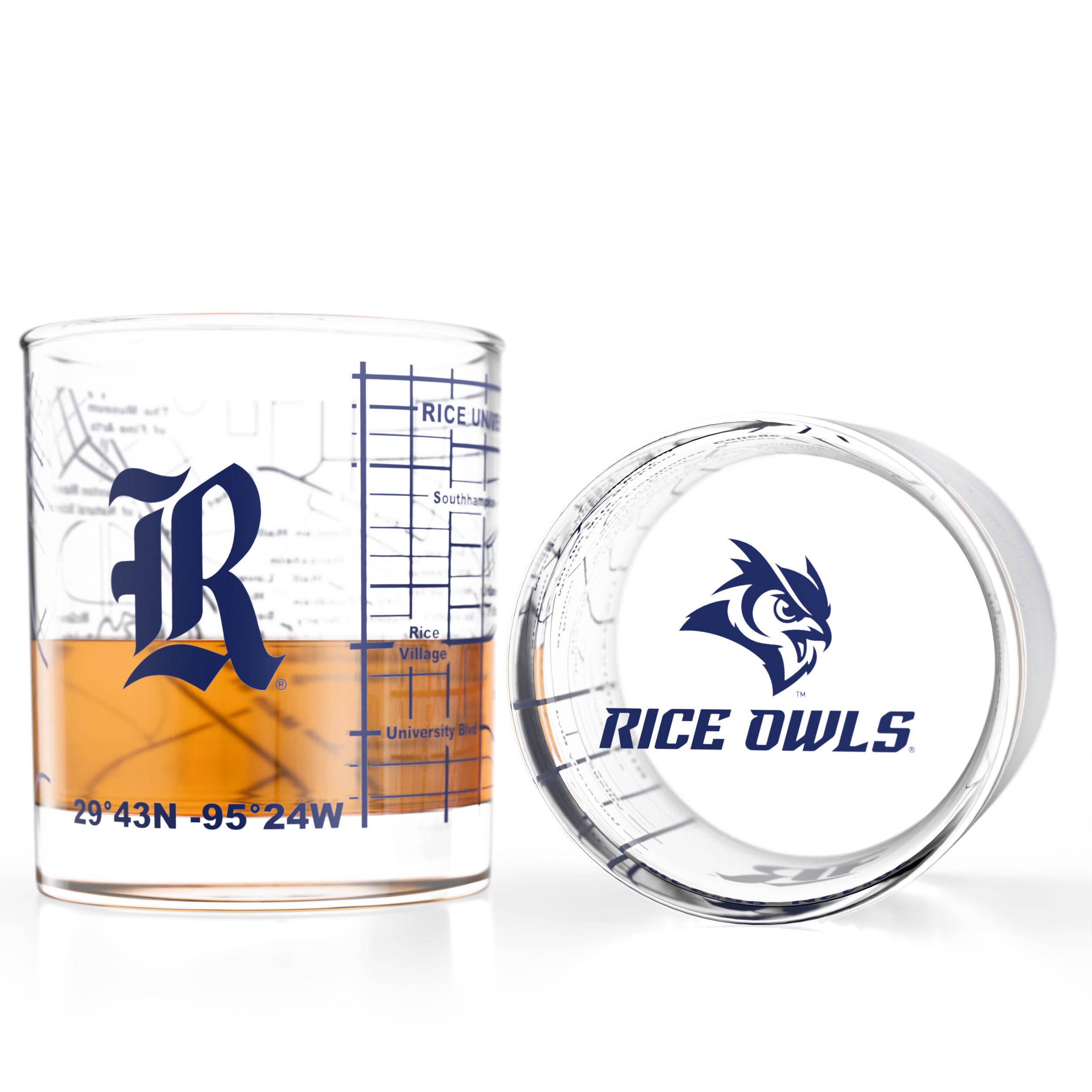 Greenline Goods Rice University Owls Whiskey Glasses Set of 2, 10 oz Rocks Glasses with Full-Color Logo &amp; Campus Map – Officially Licensed Bourbon Glass Gift for Alumni &amp; Fans