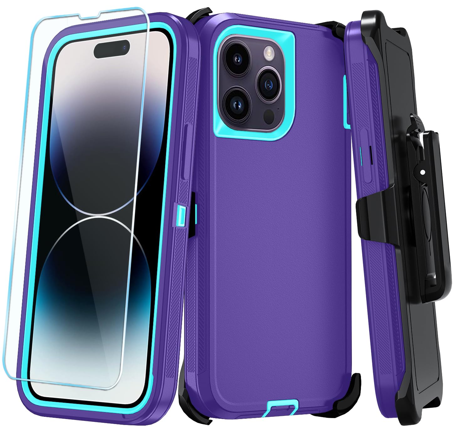 ouyncase Phone Case for iPhone 14 Pro Case with HD Screen Protector, Heavy Duty Shockproof & DustProof & Dropproof 3-Layer Cover Phone Case for iPhone 14 Pro (6.1'') (BeltClip_Purple)