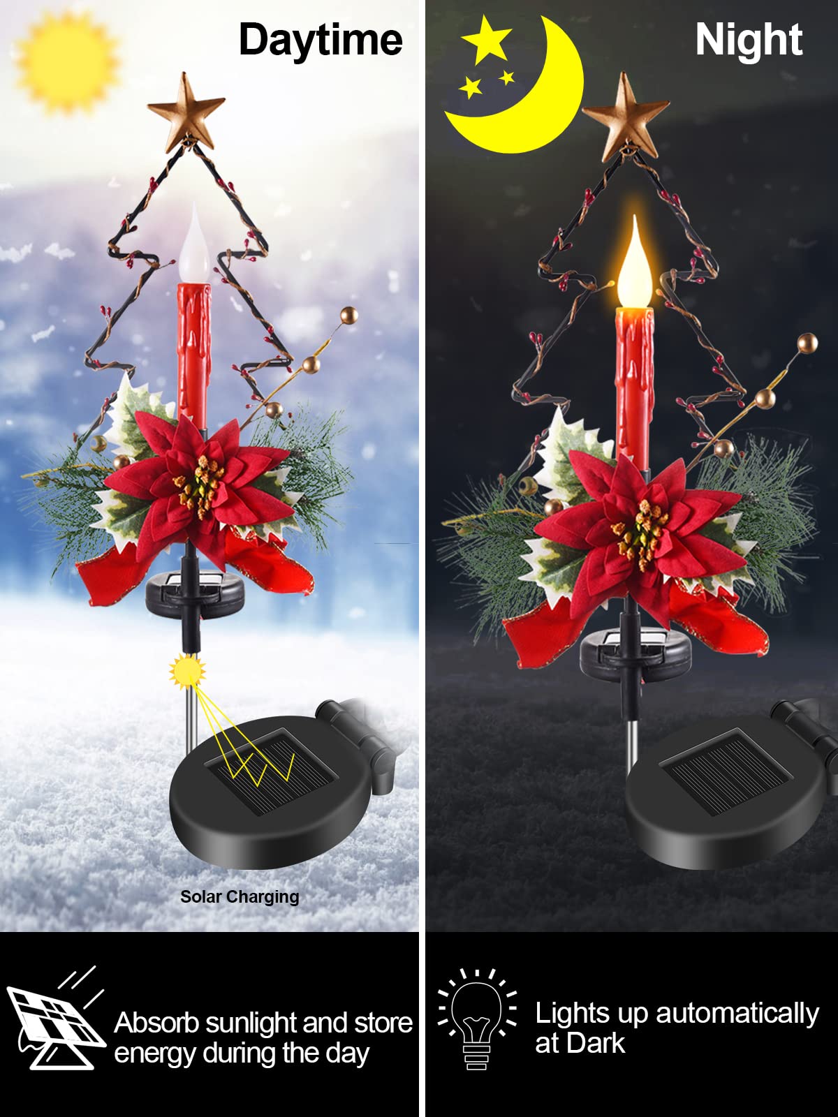 Christmas Decorations Outdoor Solar Lights - Auto On/Off, IP67 Waterproof LED Christmas Tree Pathway Garden Stakes Lights for Yard Lawn Cemetery Holiday, Xmas Outdoor Decor Lighting (2 Pack)