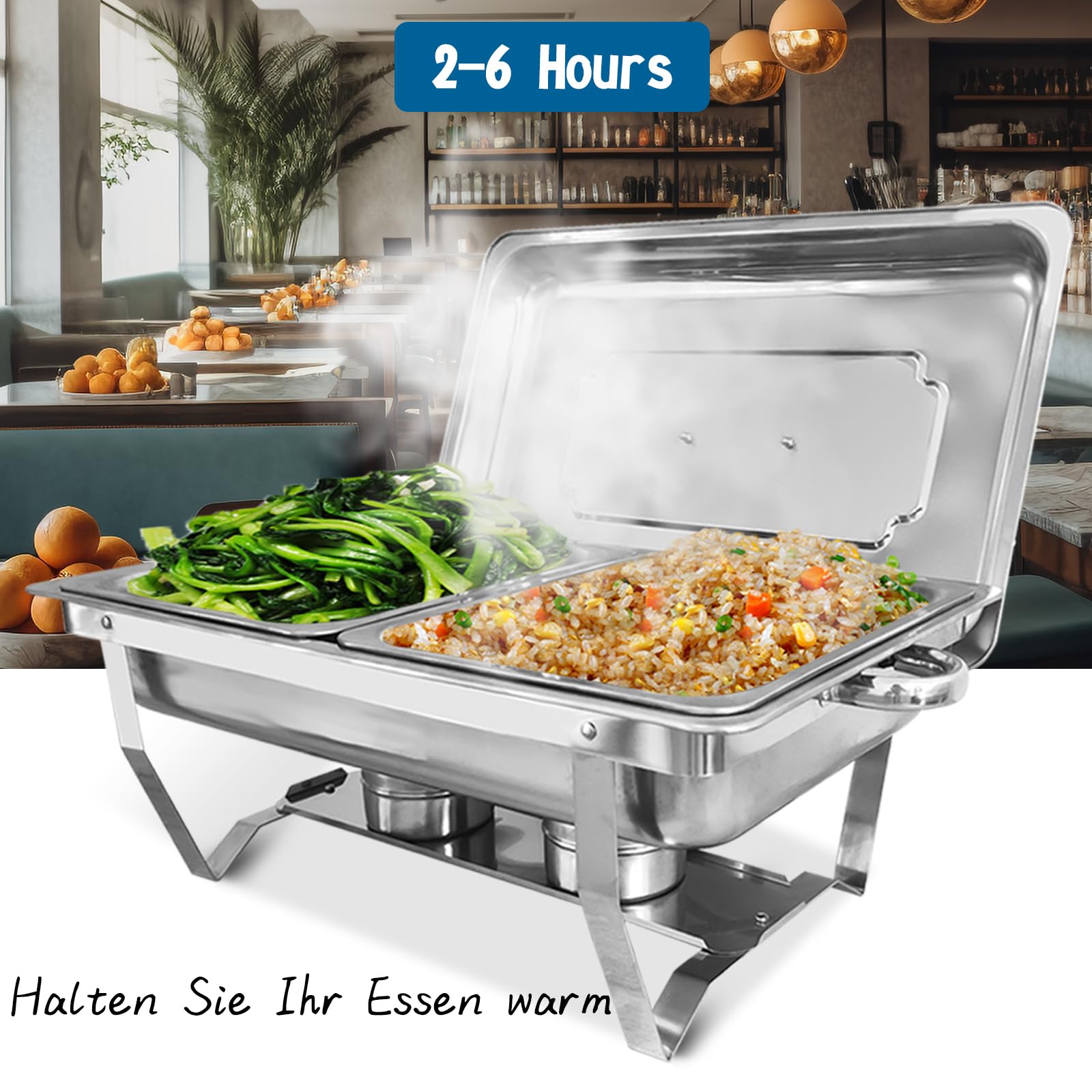 Chafing Dish Edelstahl Buffet-Set Warmhaltebehälter Speisenwärmer Wärmebehälter Rechaud für Catering, Buffet und Party (4 Set 1x2 GN-Behälter)