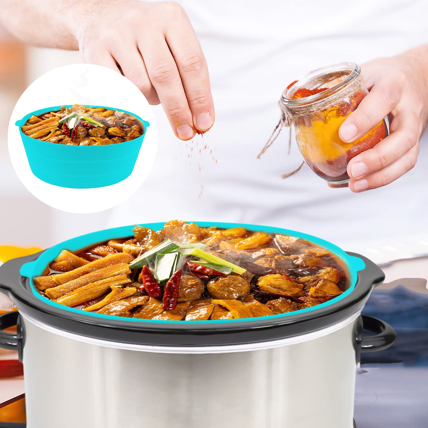 Pieghevole Fodera per Pentola a Cottura Lenta Compatibile con Crockpot 7-8 Qt, Riutilizzabile Silicone Slow Cooker Liner per Crockpot Pentole Ovali o Rotonde, Lavabile in Lavastoviglie (Blu)