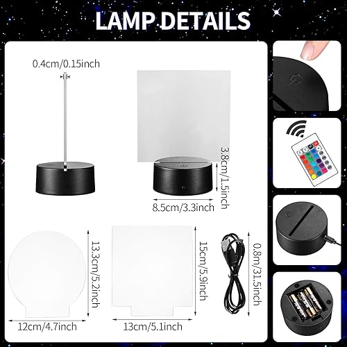 Miniatura 2 de Honoson 4 bases de lámpara de luz LED nocturna 3D con 4 hojas de acrílico transparente, control remoto, cable USB ajustable, 16 colores, 4 modos,