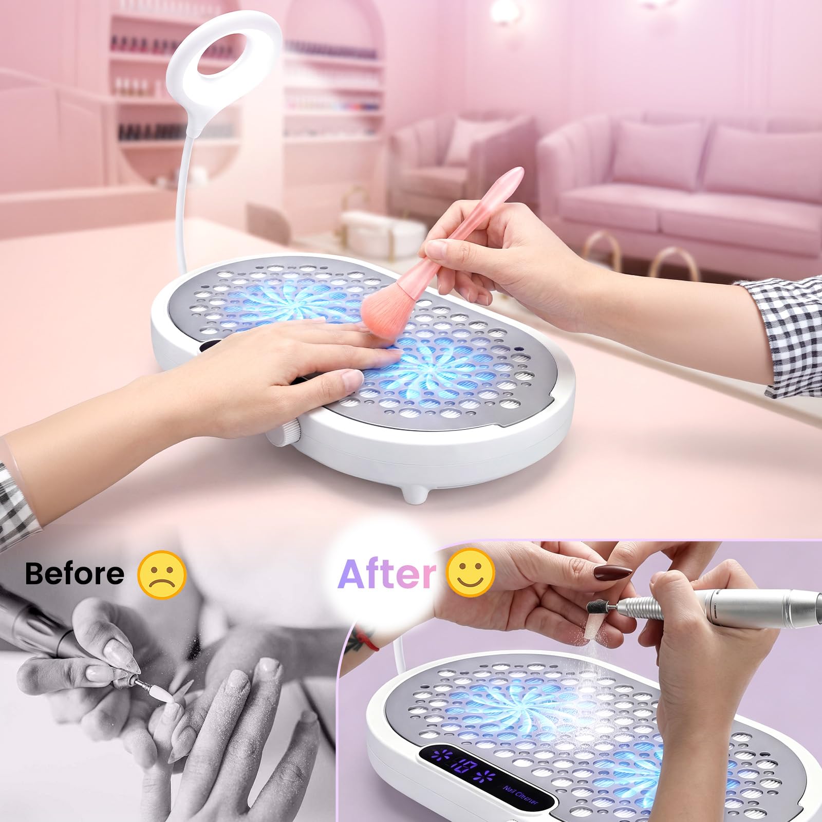 Aspiradora De Uñas Con Luces Led,45000 Rpm,Filtro Reutilizable,10 Niveles De Succión,2 Motores Turbo Silenciosos,Extractor De Polvo Para Uñas Para Manicuras En El Salón Y En Casa | Con filtro reutilizable, aspiradora de uñas para manicura en el salón y en
