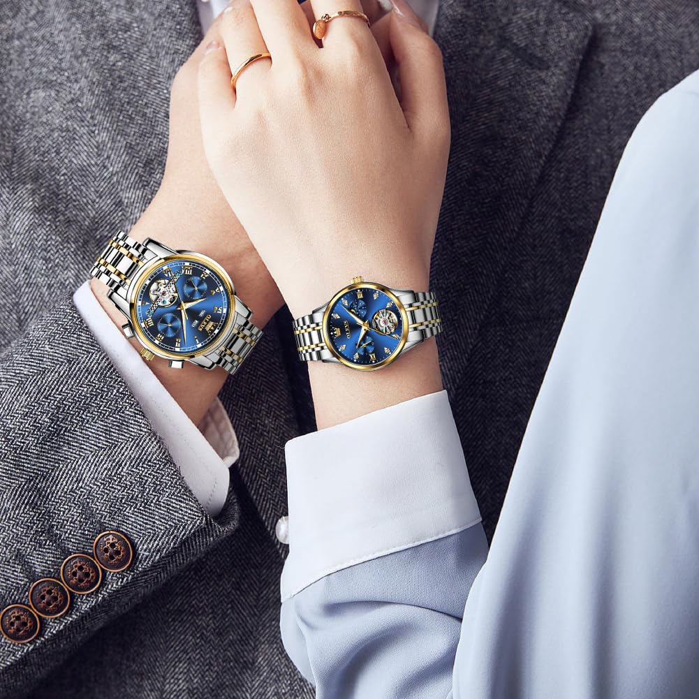 OLEVS Pärchen-Uhren für Damen und Herren, automatische Uhr für Sie und Ihn, mechanischer Abschleppton, Edelstahl, wasserdicht, leuchtend, Datumsanzeige