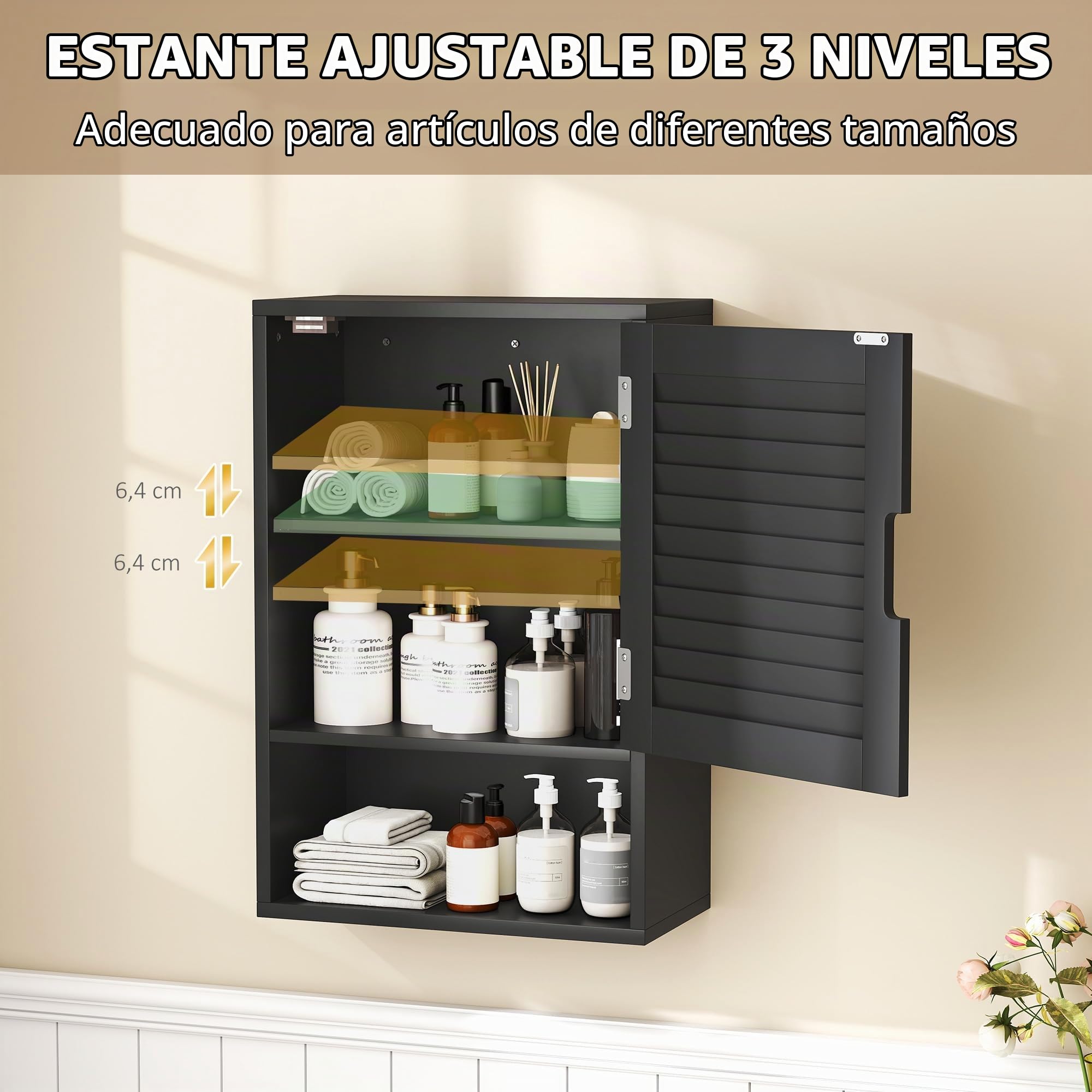 HOMCOM Armario de baño estantes de Pared 40 x 20 x 60 cm Negro
