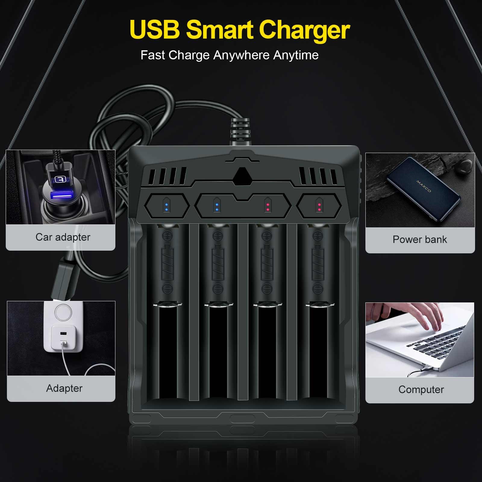18650 Chargeur de batterie 4 baies 2 voies Smart Chargeur universel pour batteries rechargeables Lithium Li-ion IMR INR ICR 10440 14500 16340 20700 21700 22700 26650 26700 sans batterie