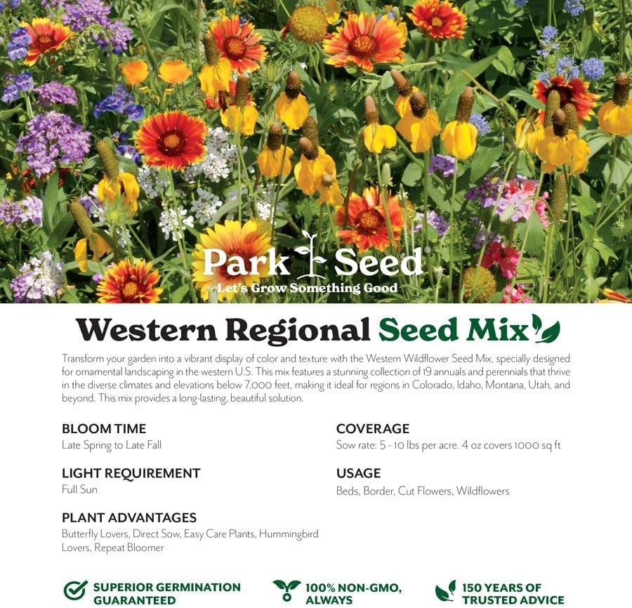 Park Seed Grow Your Own Vibrant Annual and Perennial Wildflower Garden Seeds Mixture, Easy to Grow Varieties for Pollinators and Spring Gardens - Western Regional Mix, 1/4 lb