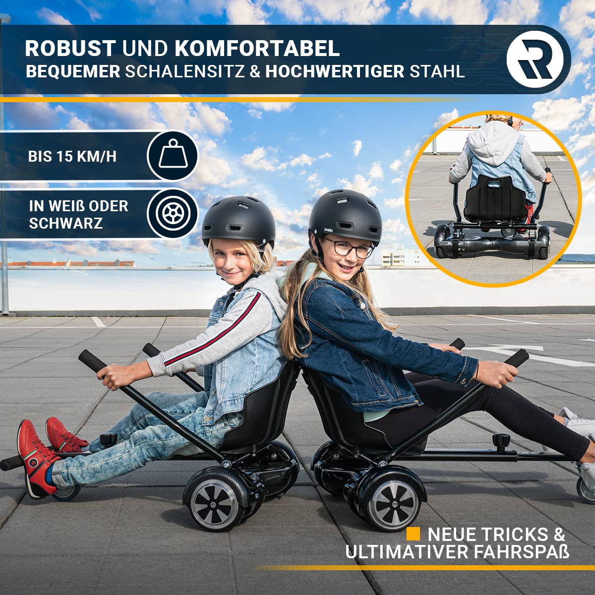 Robway Hoverkart | 𝐃𝐀𝐒 𝐎𝐑𝐈𝐆𝐈𝐍𝐀𝐋 ® - W1 W2 W3 & universal für 6,5" / 8" / 10" Boards - Hoverboard Sitz - Hoverseat - Hovercart Sitz - Gummibereifung - Kinder & Erwachsene (Schwarz)