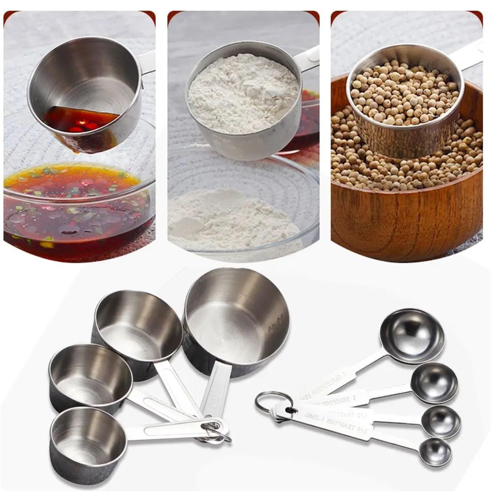 Set di 8 misurini in acciaio inox, cucchiai, cucchiaini for farina da forno, utensili cucina, strumenti misurazione per Dolci Ingredienti Cottura