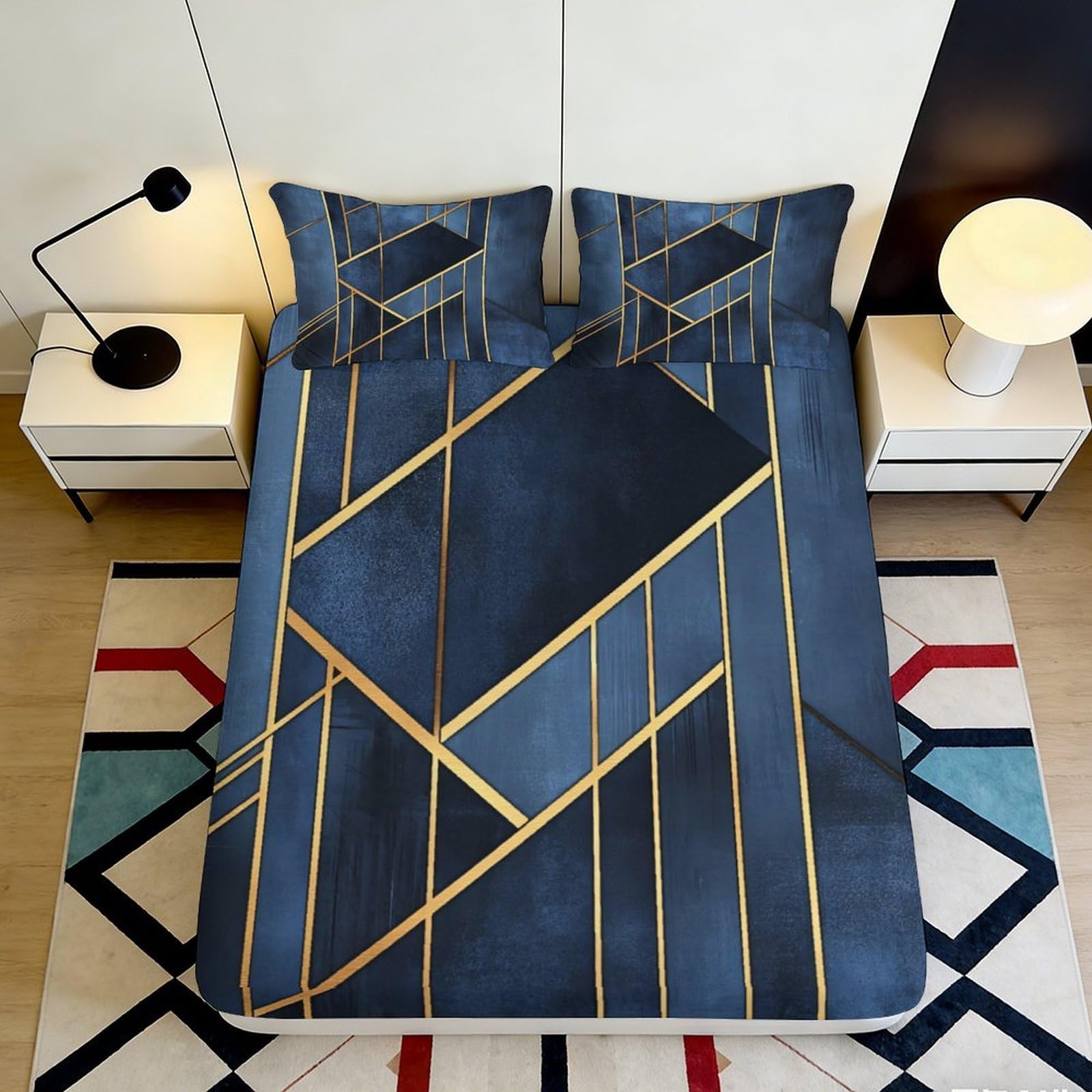 3D Printed Geometric Fitted Sheet Microfiber Deep Pocket Non-Slip Bedroom Bedding Geometric Mattress Fitted Cover for Adults 90x200x25cm